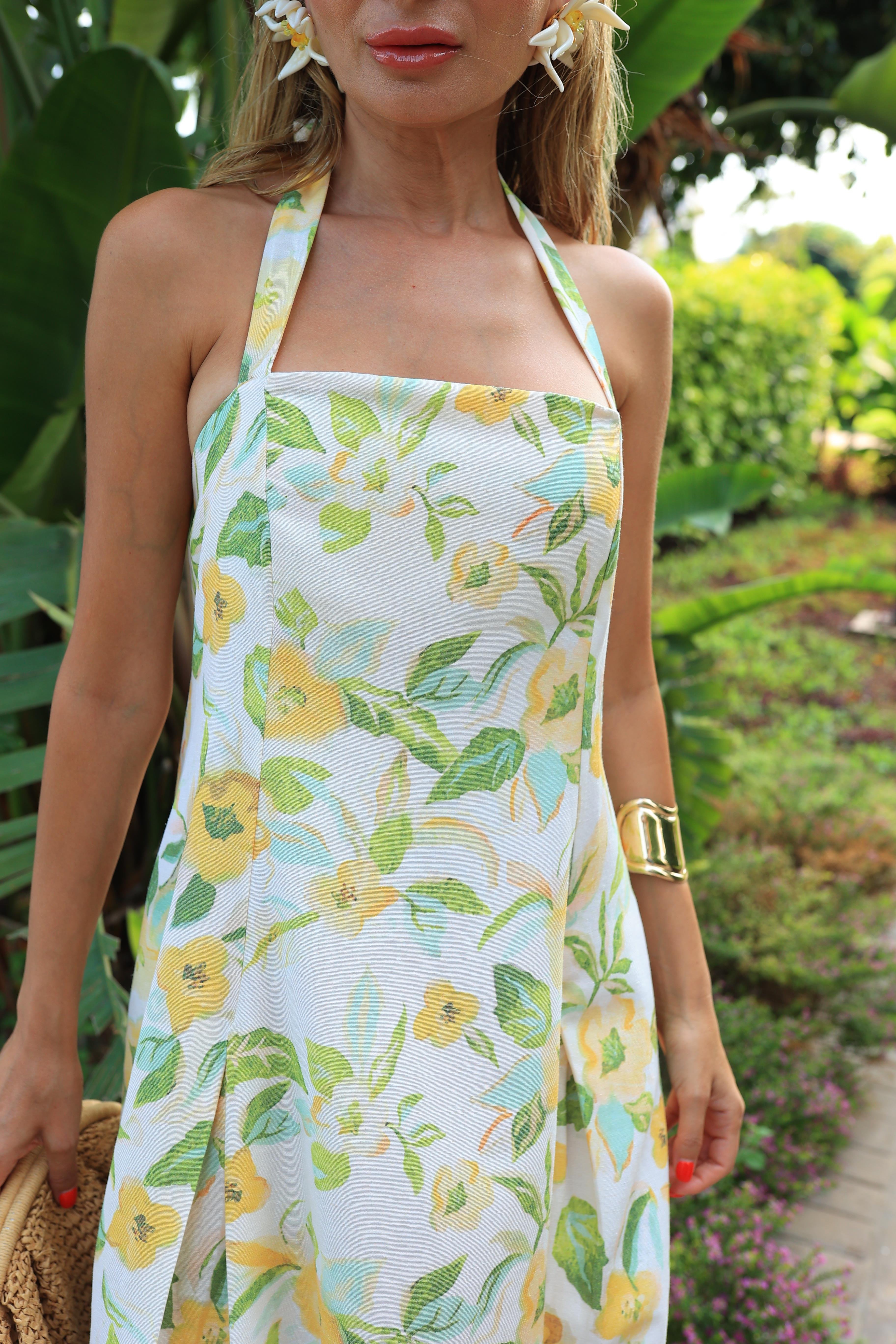 Boyundan Bağlamalı Sarı Çiçekli Keten Elbise ELBİSE | NO33