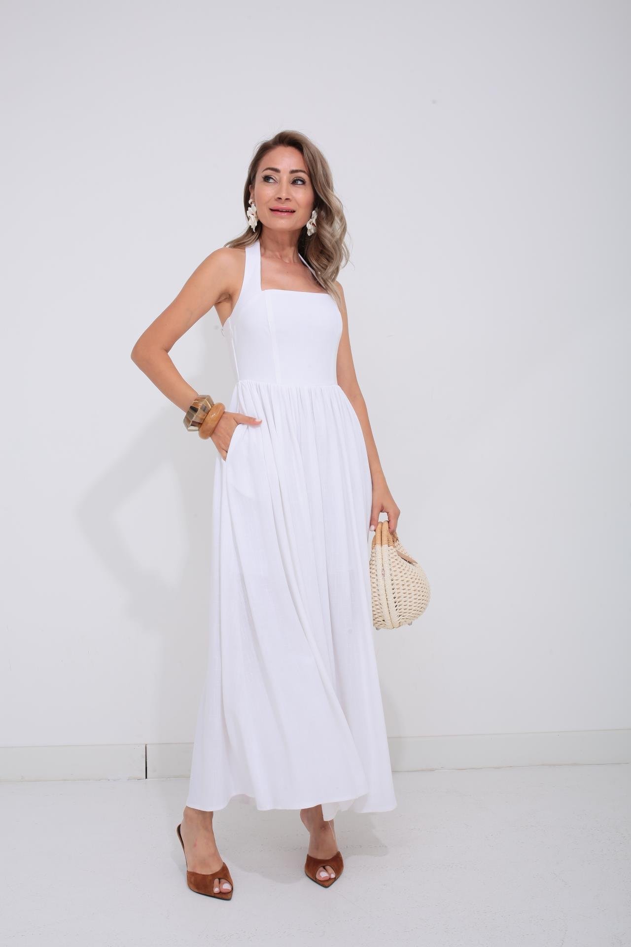 Boyundan Bağlı Astarlı Ekru Keten Elbise ELBİSE | NO33