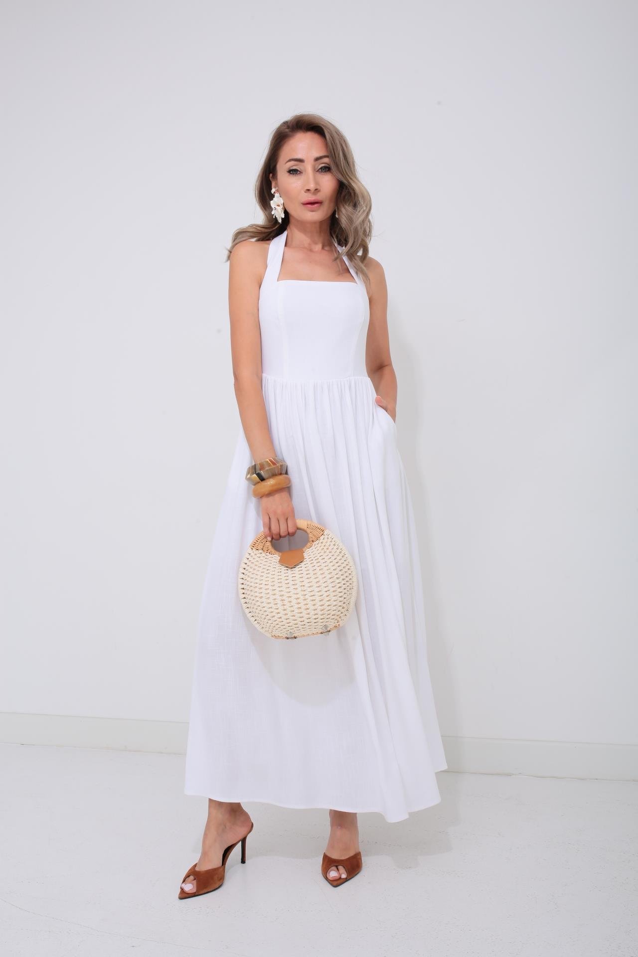 Boyundan Bağlı Astarlı Ekru Keten Elbise ELBİSE | NO33