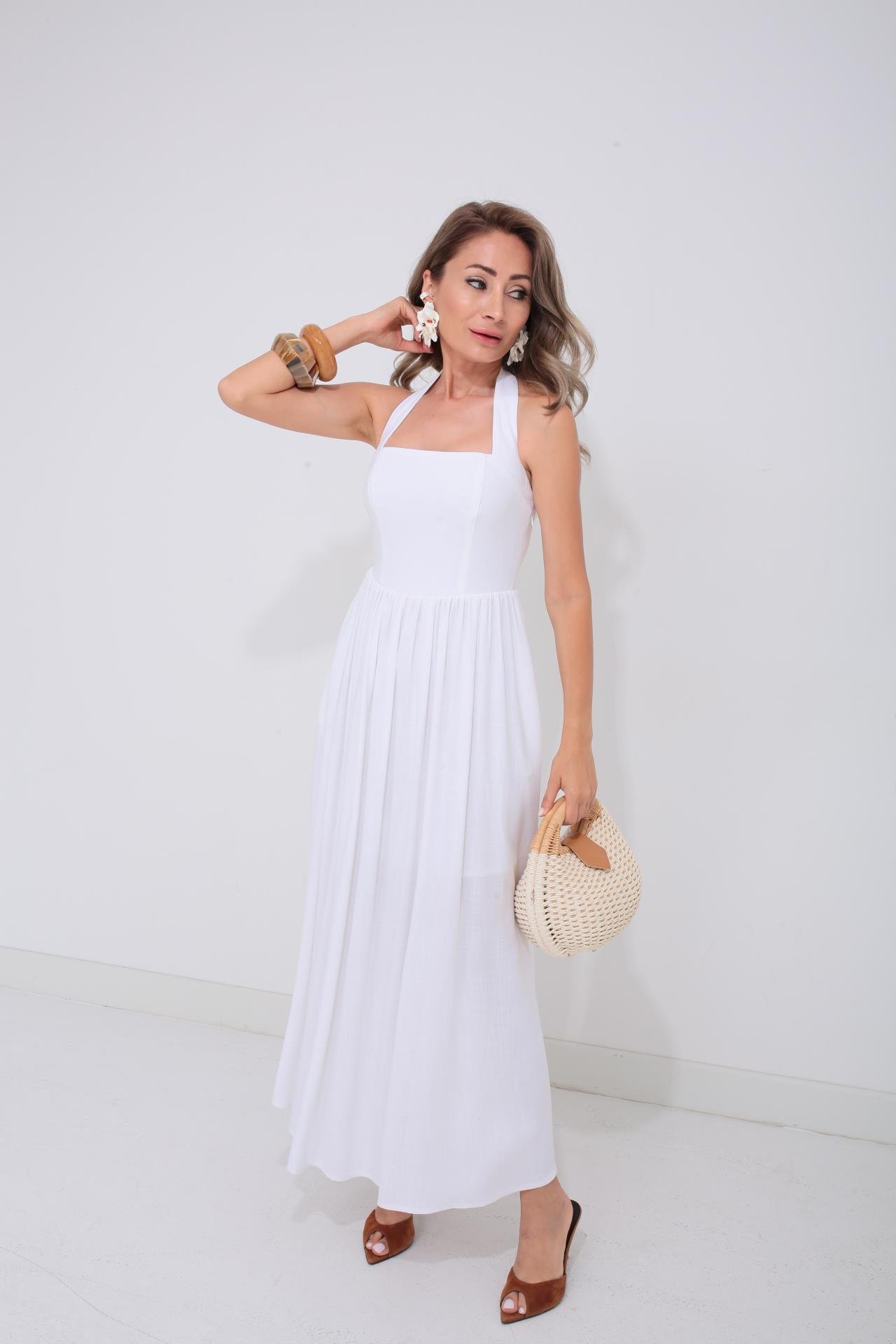 Boyundan Bağlı Astarlı Ekru Keten Elbise ELBİSE | NO33