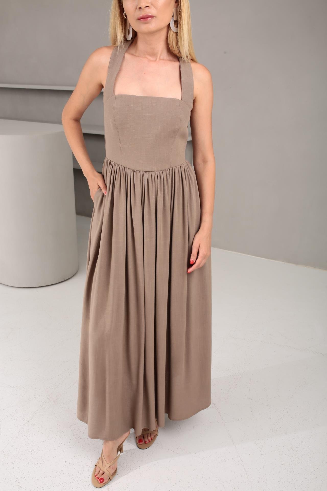 Boyundan Bağlı Astarlı Vizon Keten Elbise ELBİSE | NO33