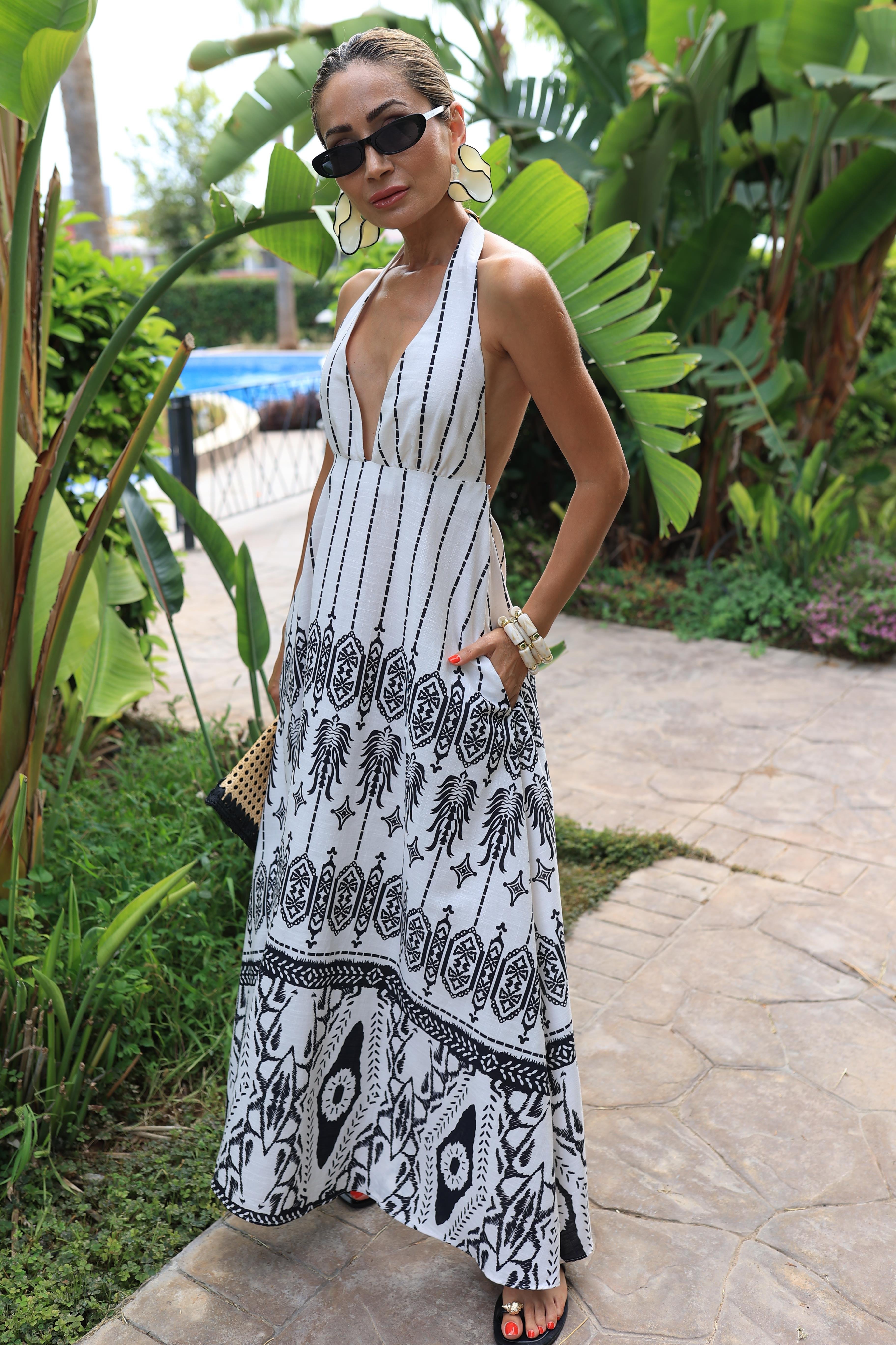 Boyundan Kemerli Siyah Baskılı Keten Elbise ELBİSE | NO33