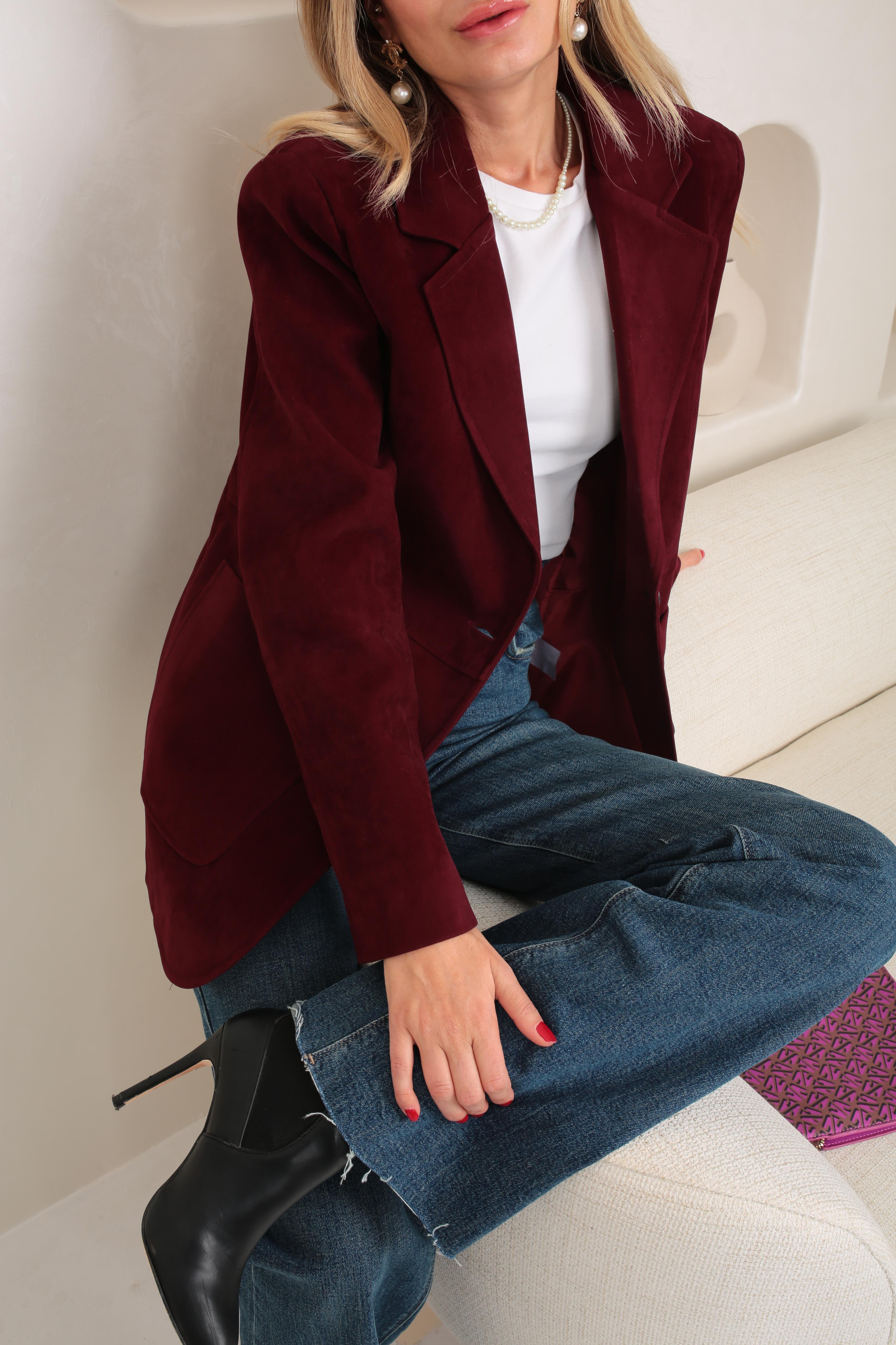 Büyük Cepli Bordo Süet Blazer Ceket CEKET