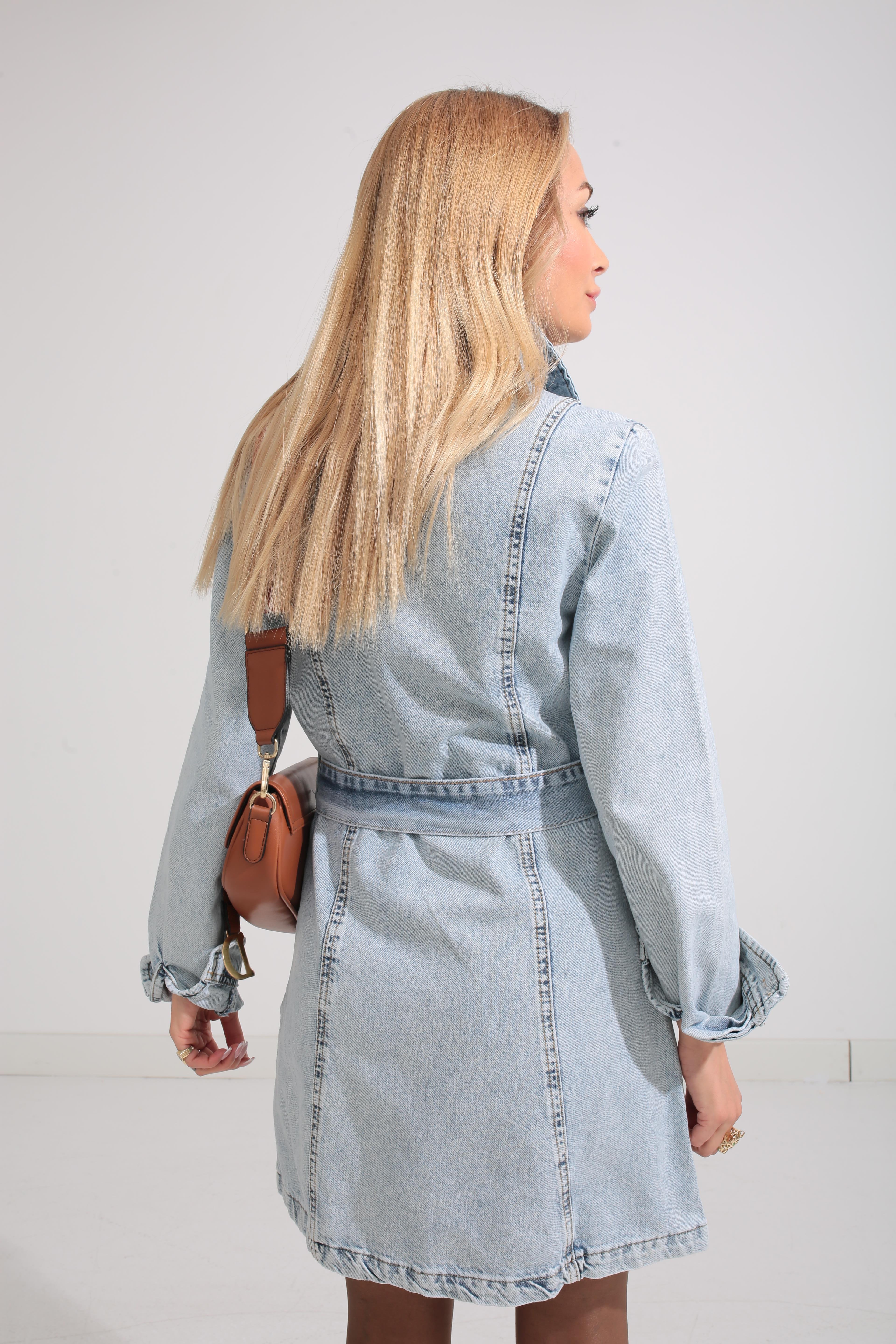 Buz Mavi Kemerli Denim Elbise ELBİSE