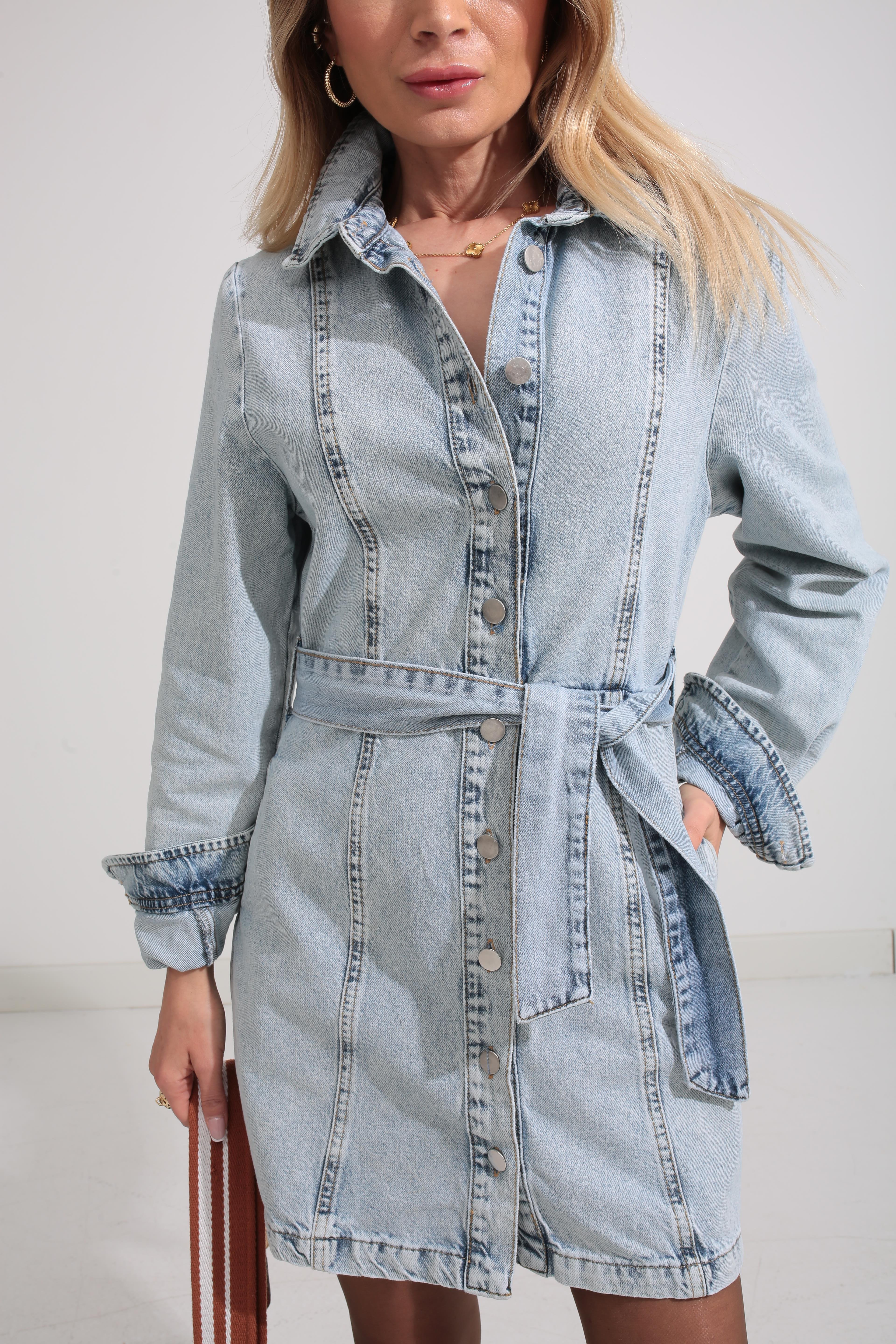 Buz Mavi Kemerli Denim Elbise ELBİSE