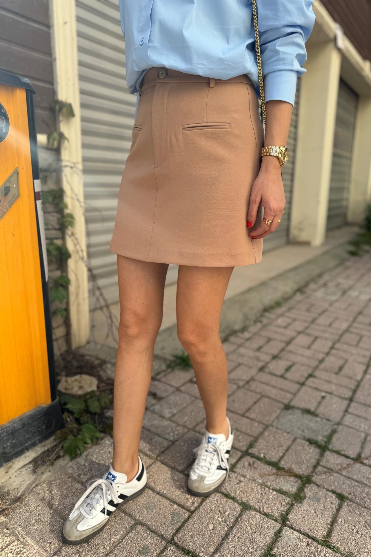 Cep Detaylı Camel Kısa Etek ETEK