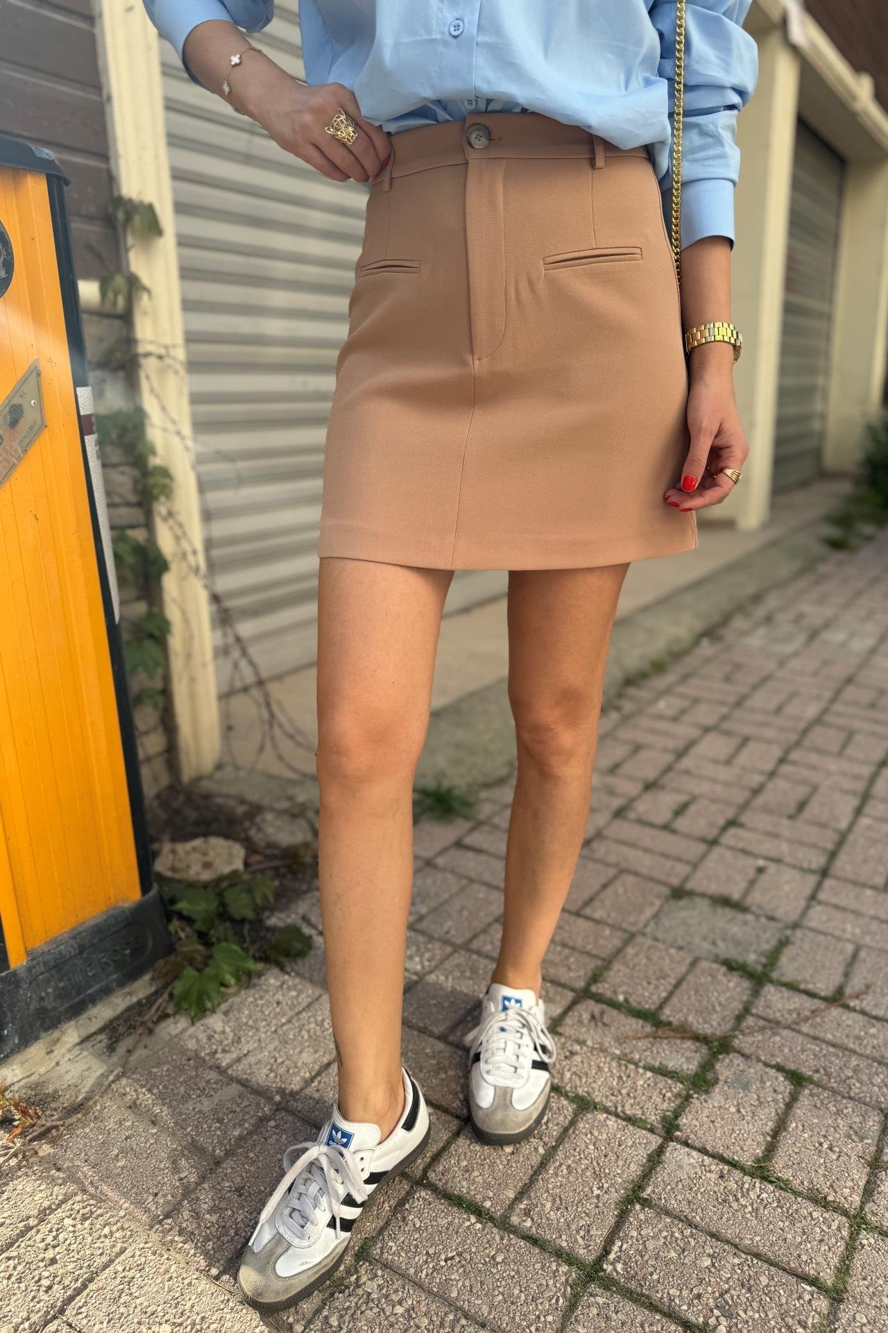 Cep Detaylı Camel Kısa Etek ETEK