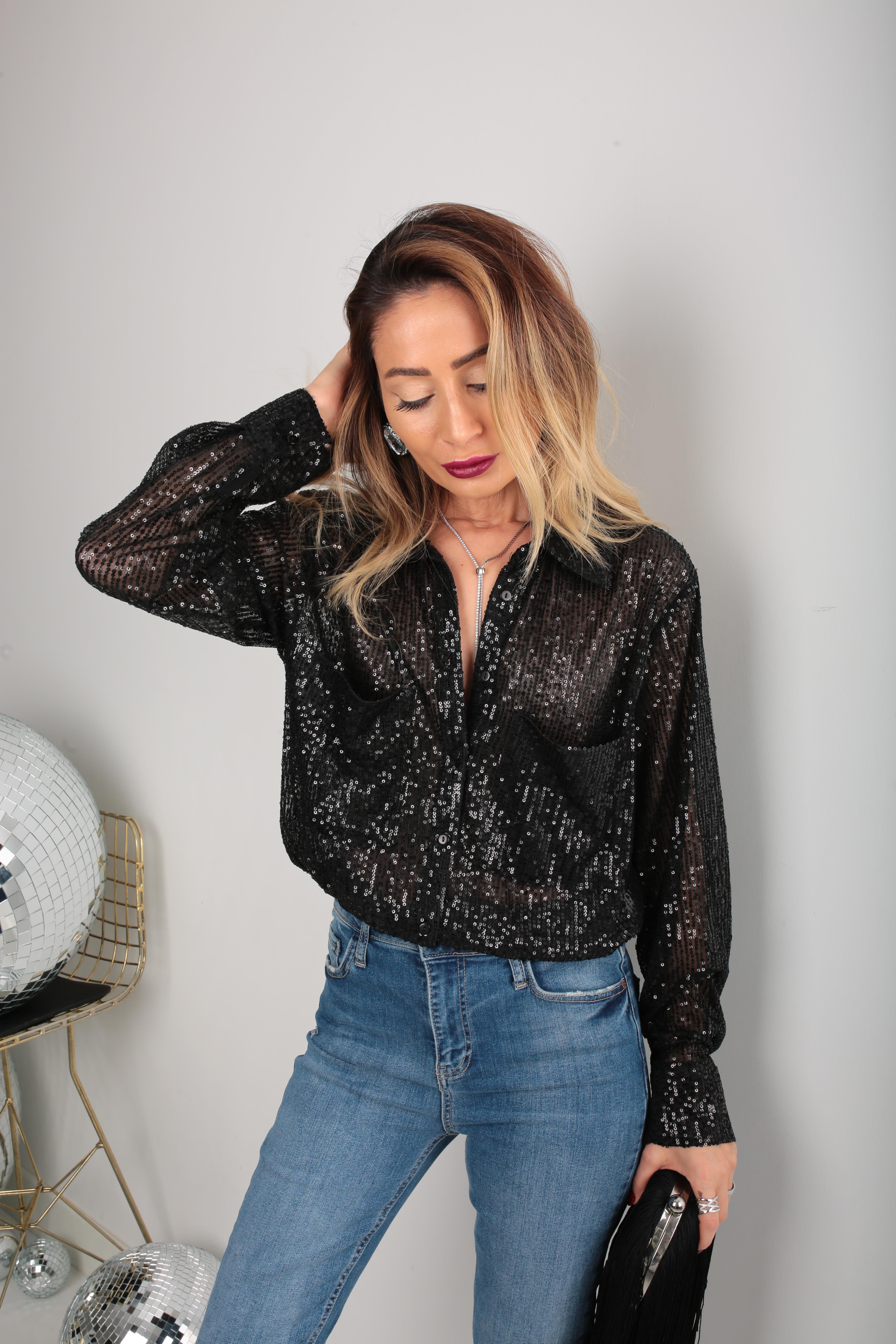 Çift Cepli Siyah Payetli Gömlek GÖMLEK