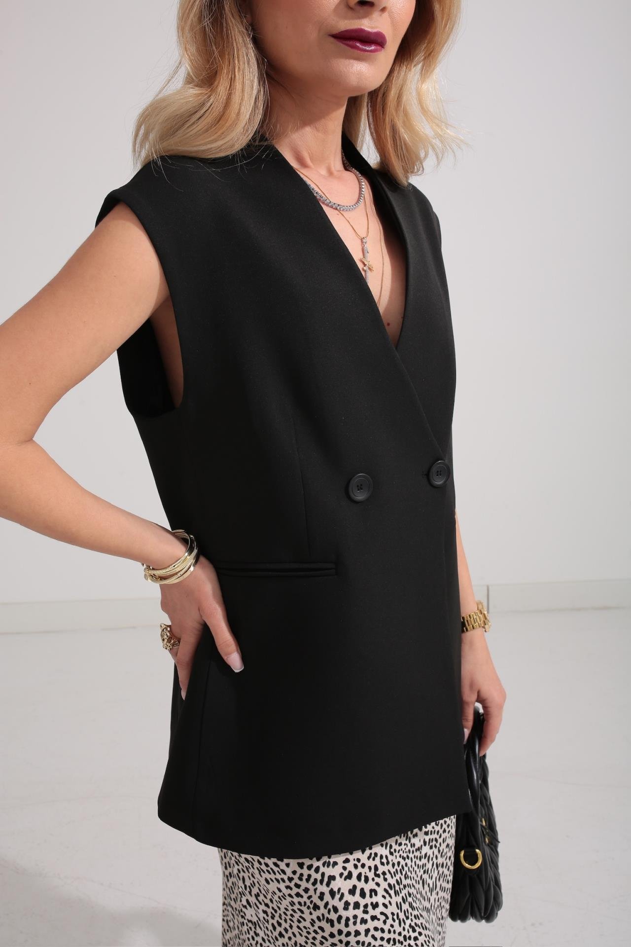 Çift Düğme Uzun Siyah Yelek YELEK