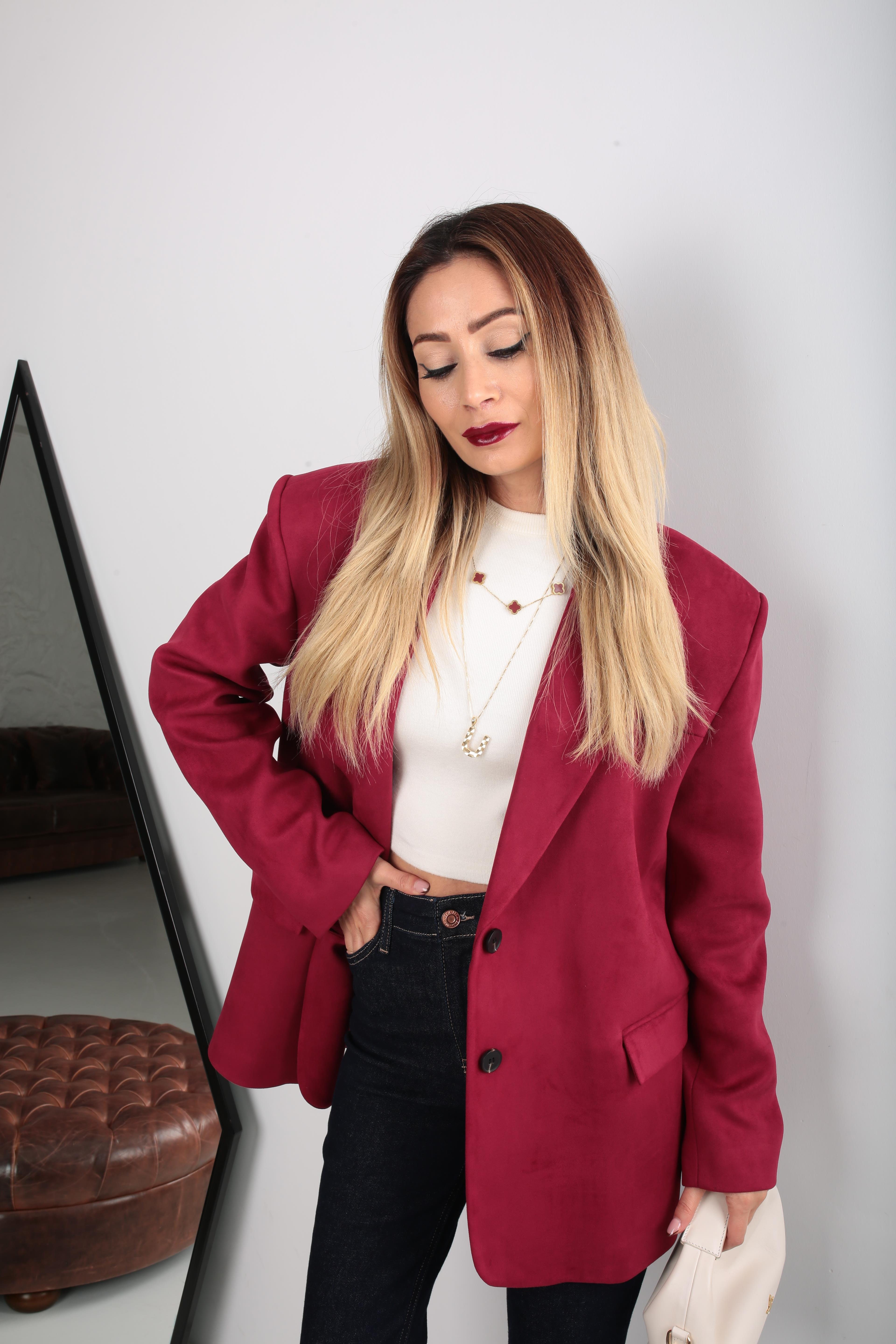 Çift Düğmeli Bordo Oversize Nubuk Ceket CEKET