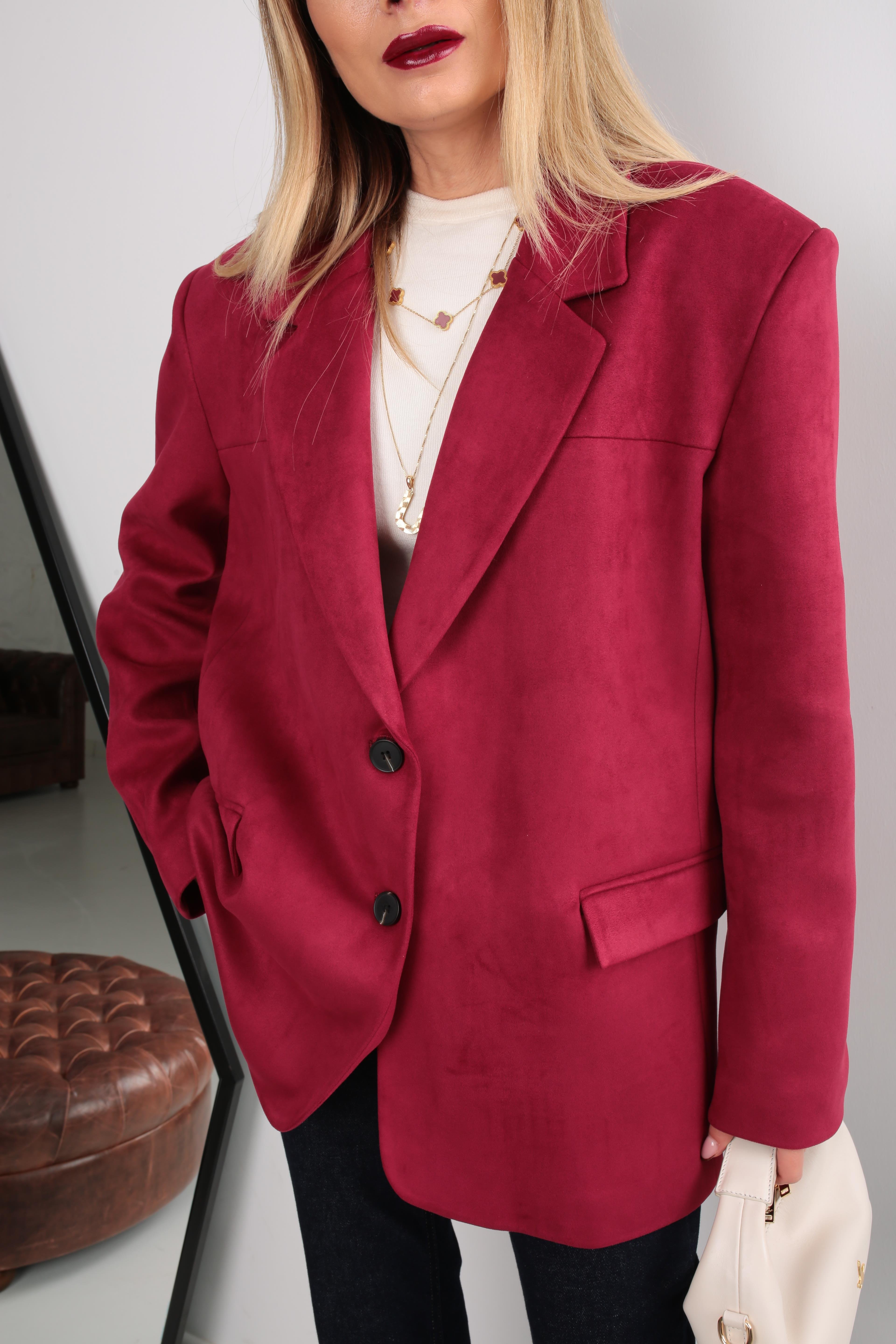 Çift Düğmeli Bordo Oversize Nubuk Ceket CEKET