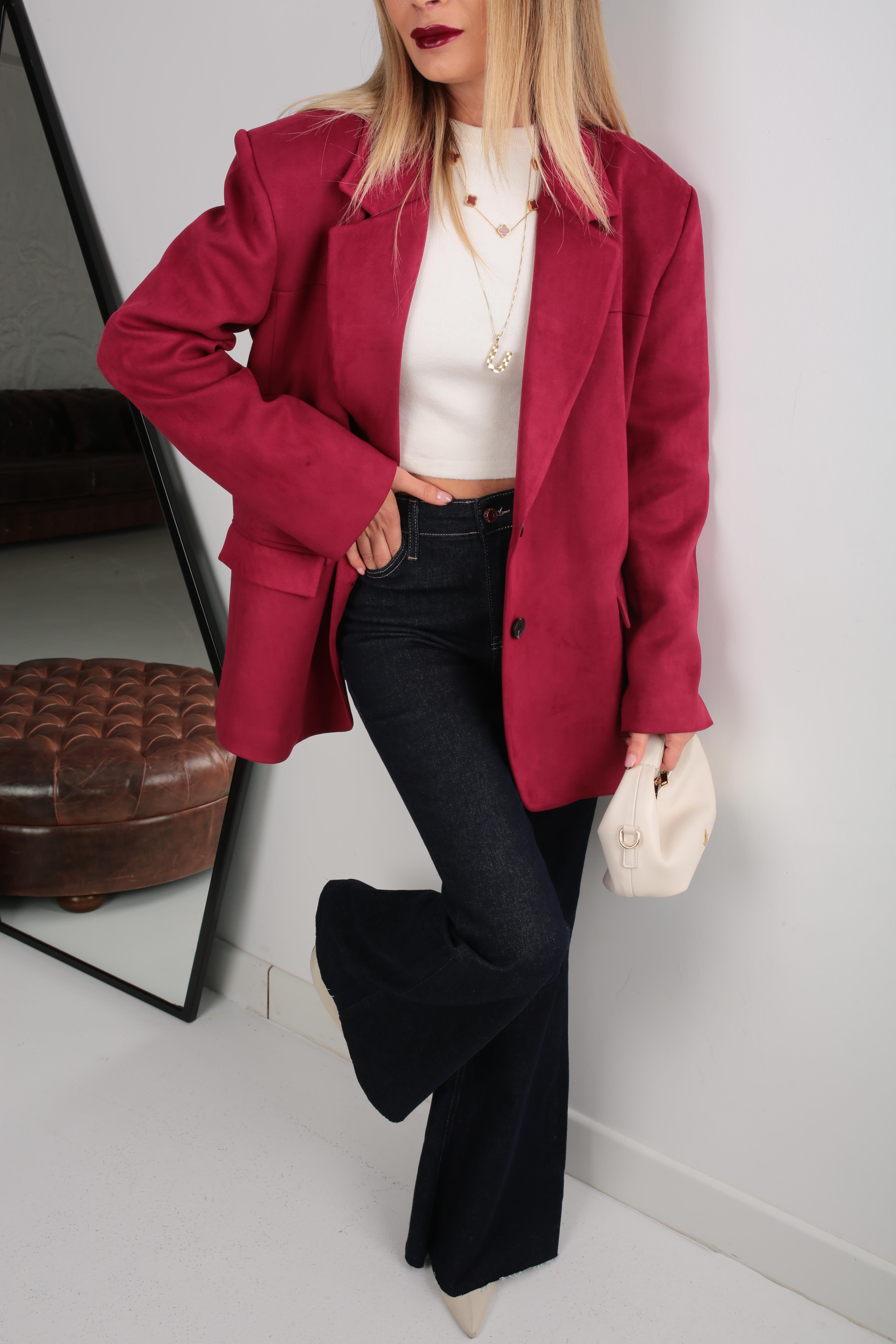 Çift Düğmeli Bordo Oversize Nubuk Ceket CEKET