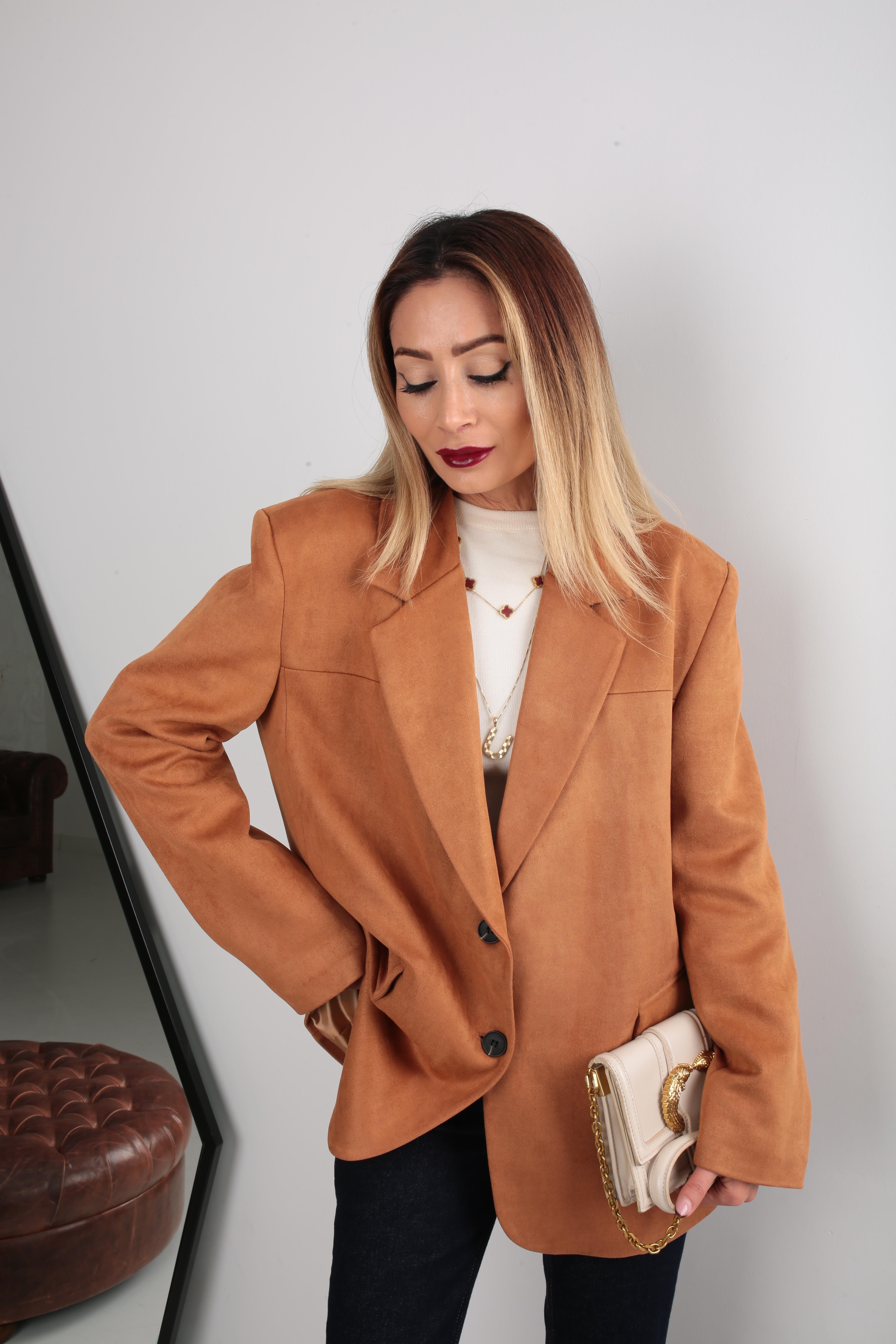 Çift Düğmeli Taba Oversize Nubuk Ceket CEKET