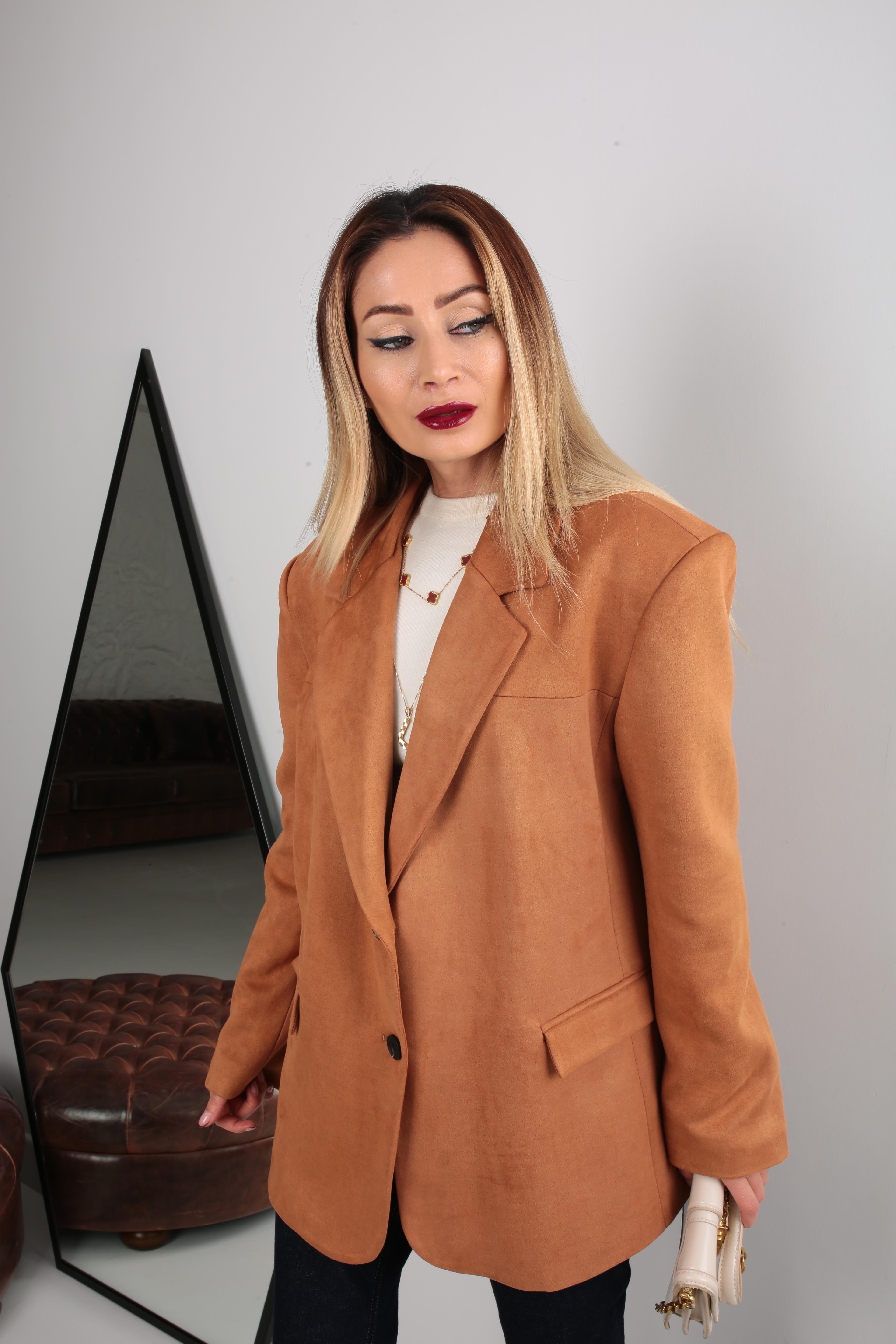 Çift Düğmeli Taba Oversize Nubuk Ceket CEKET