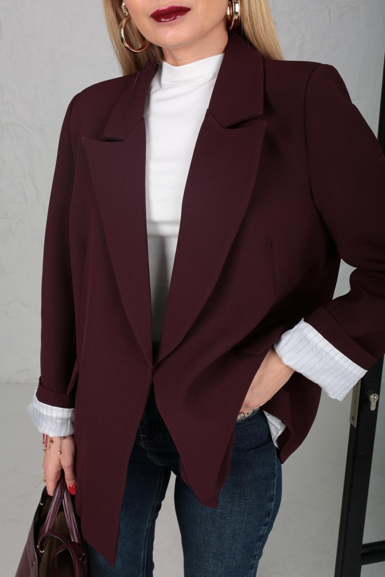 Çizgili Astarlı Kapak Cepli Blazer Bordo Ceket CEKET