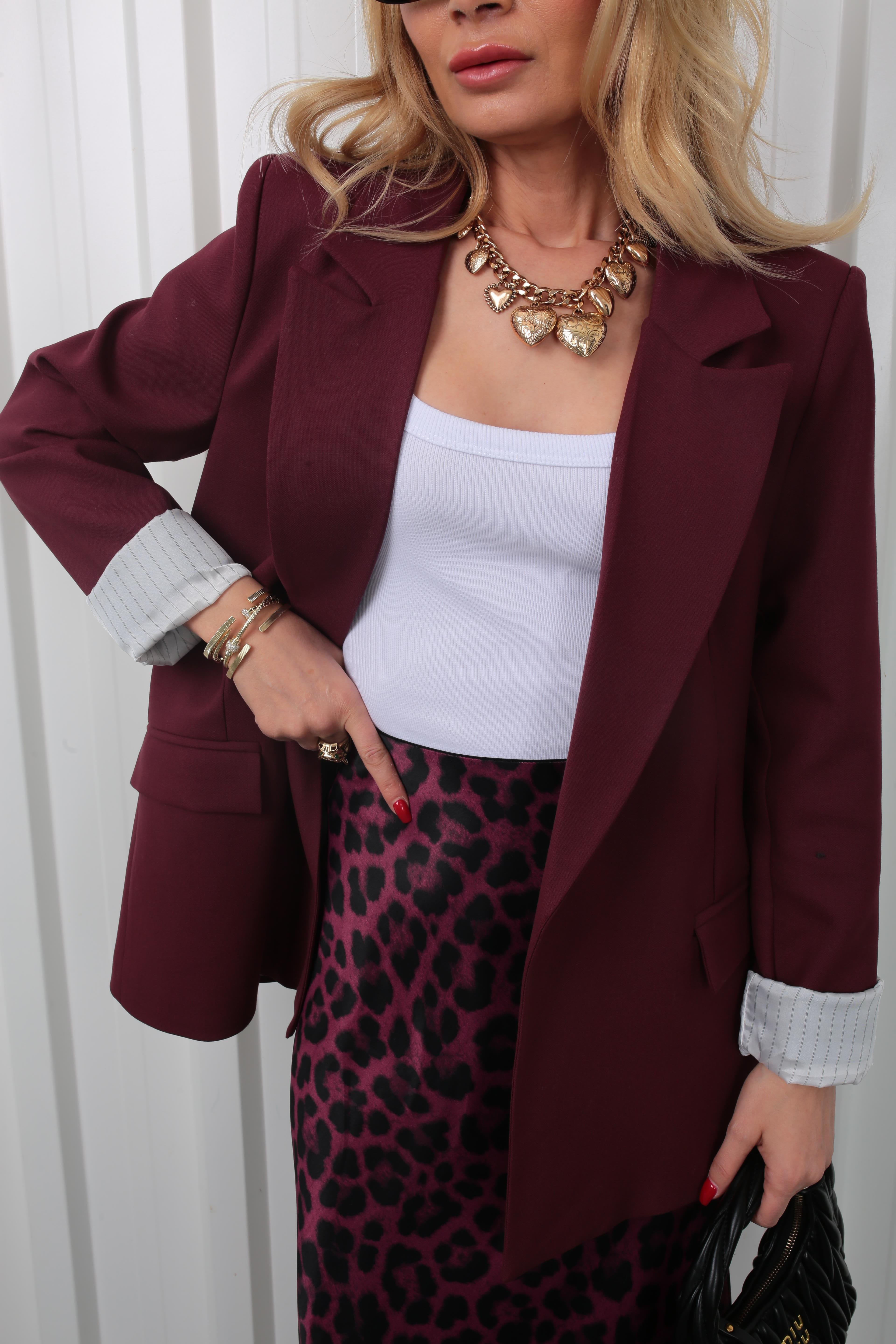 Çizgili Astarlı Kapak Cepli Blazer Bordo Ceket CEKET