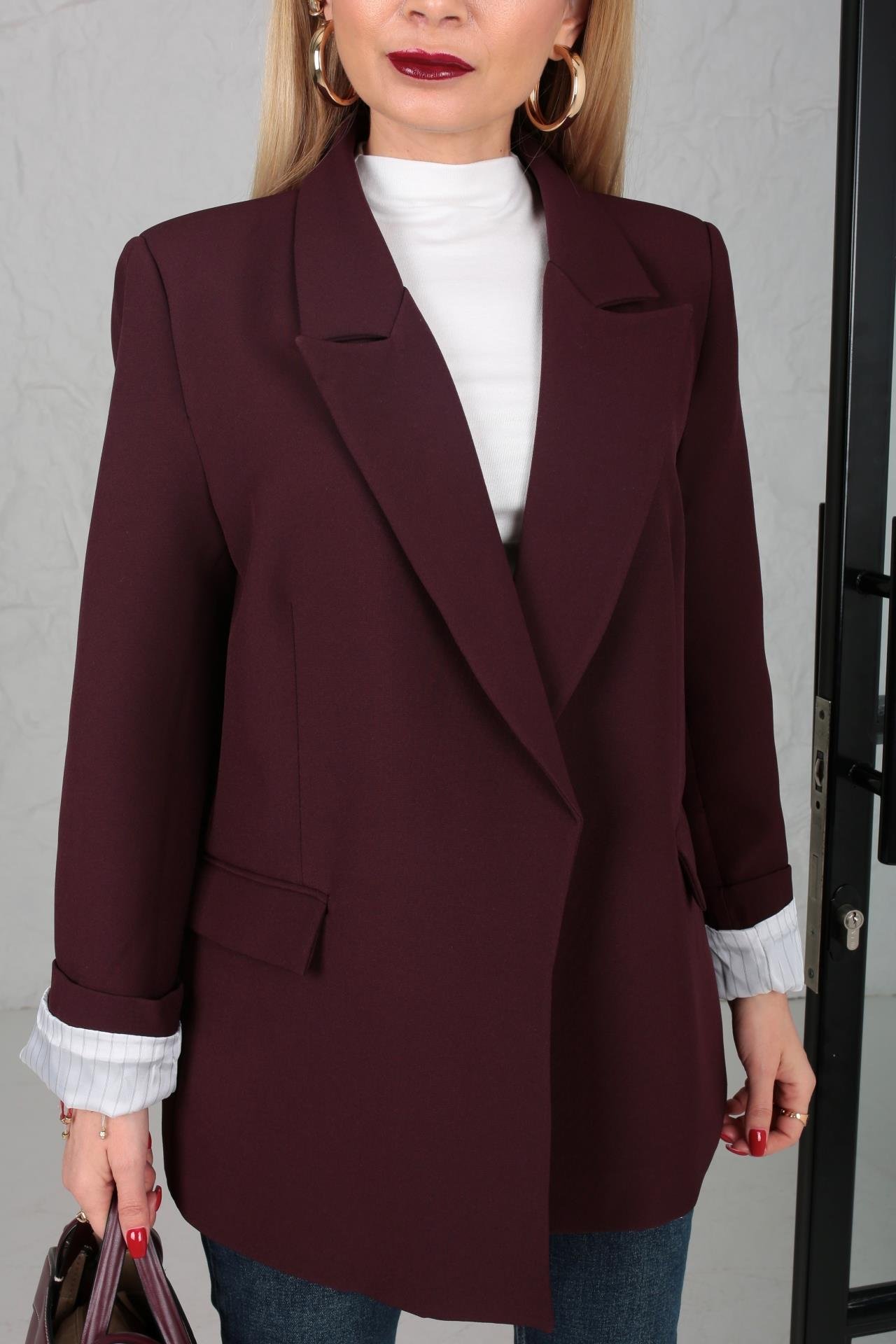 Çizgili Astarlı Kapak Cepli Blazer Bordo Ceket CEKET