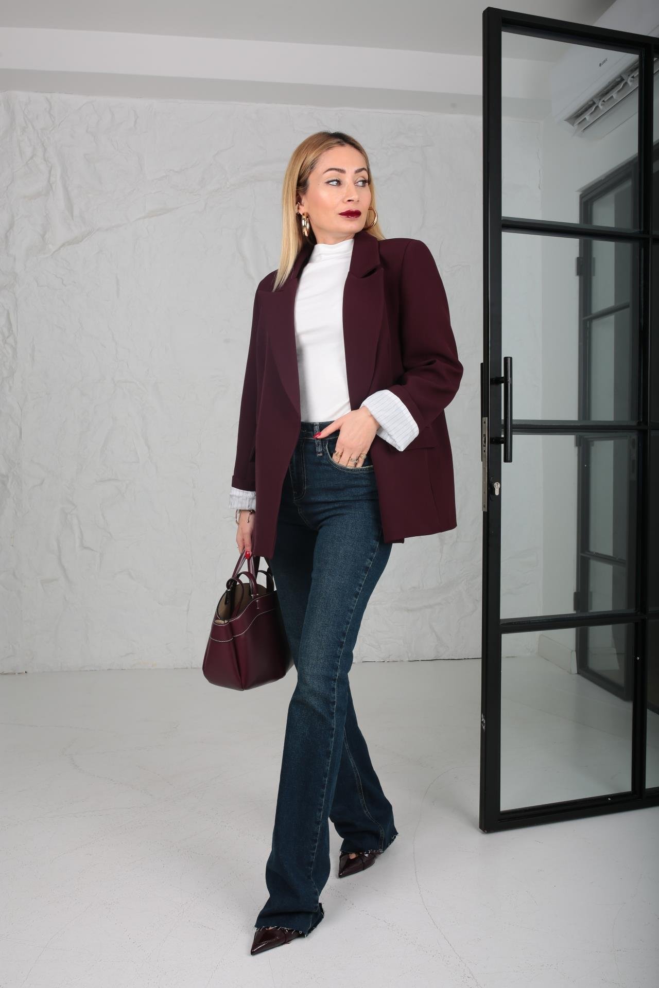 Çizgili Astarlı Kapak Cepli Blazer Bordo Ceket CEKET