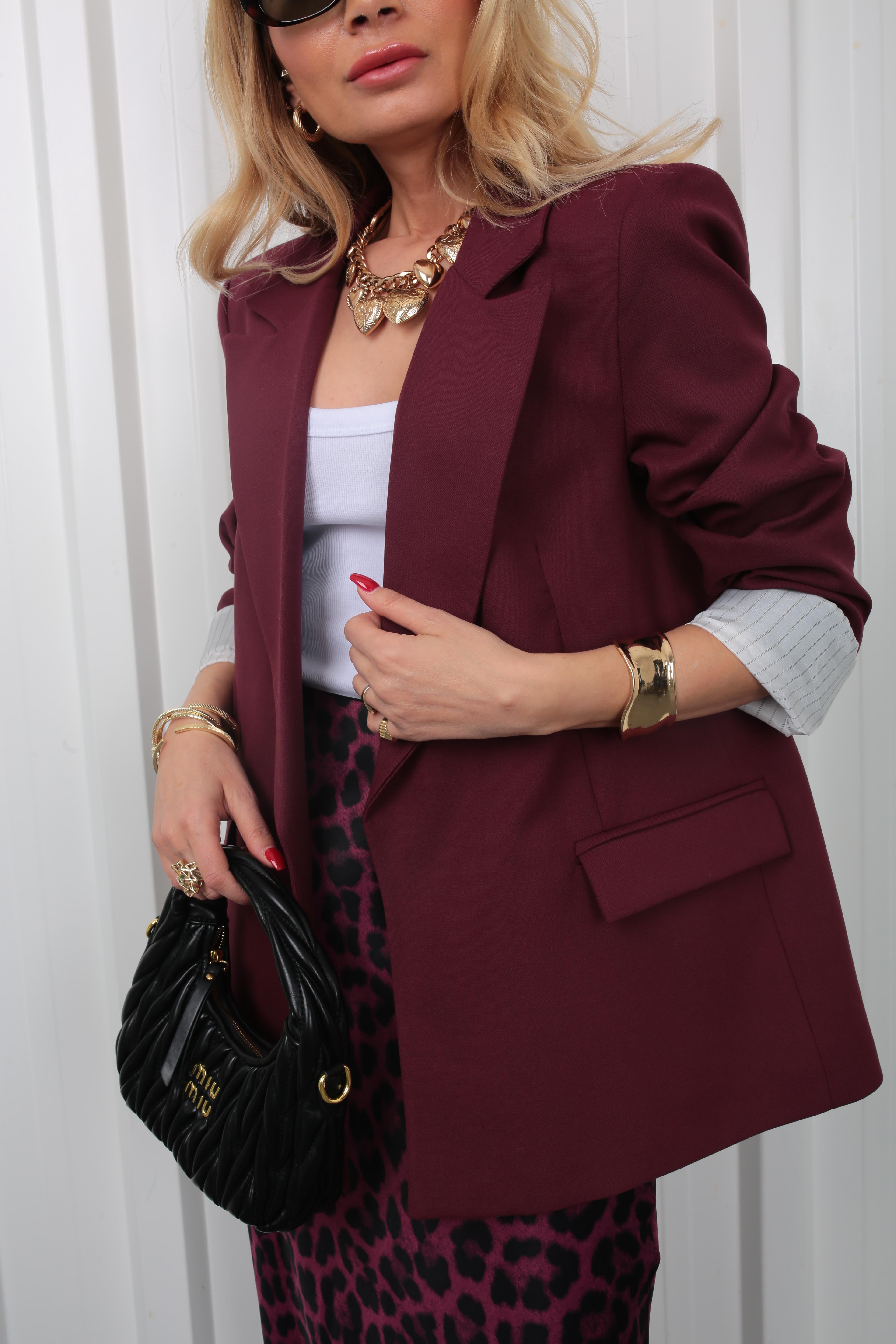 Çizgili Astarlı Kapak Cepli Blazer Bordo Ceket CEKET