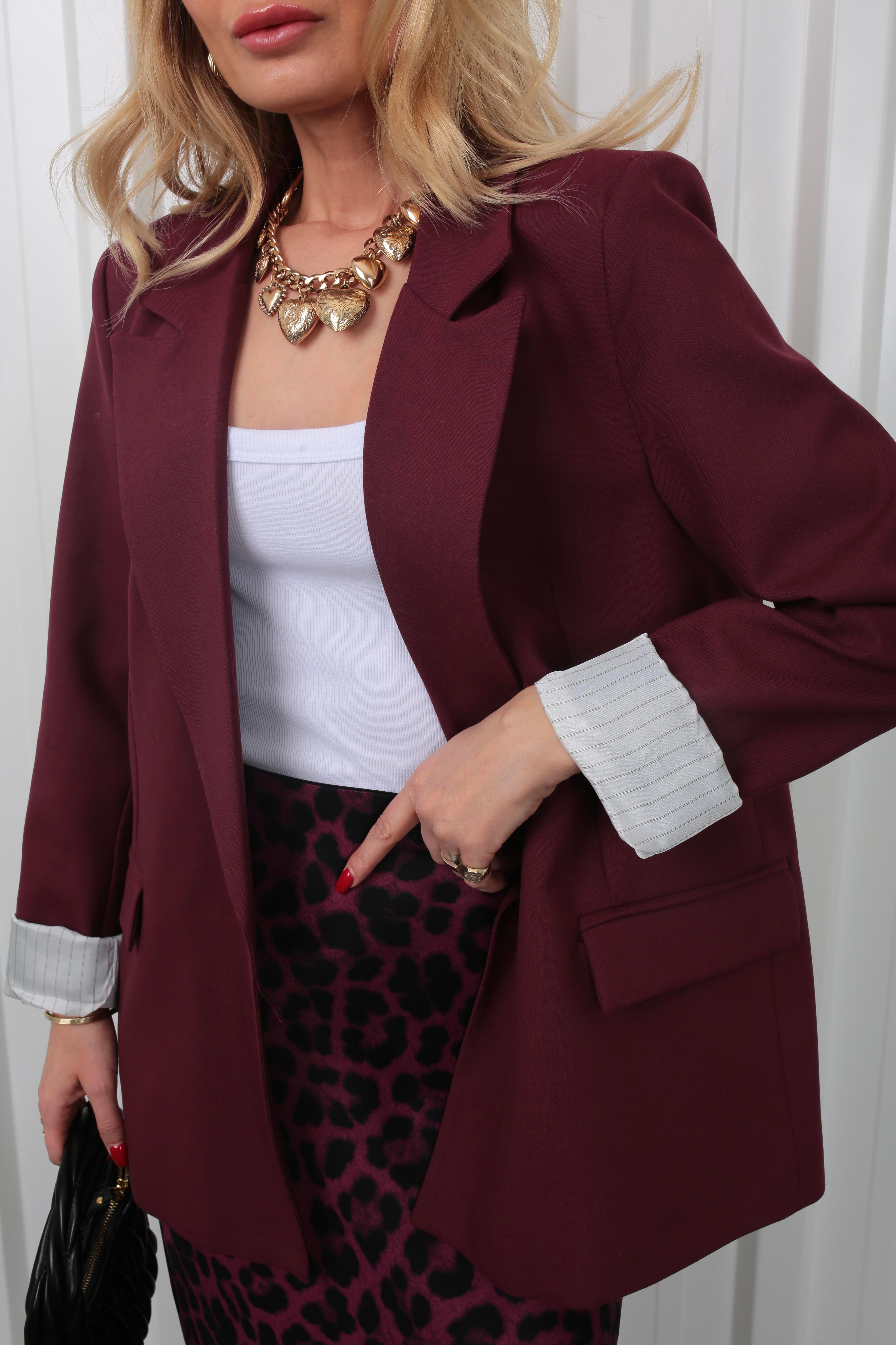 Çizgili Astarlı Kapak Cepli Blazer Bordo Ceket CEKET