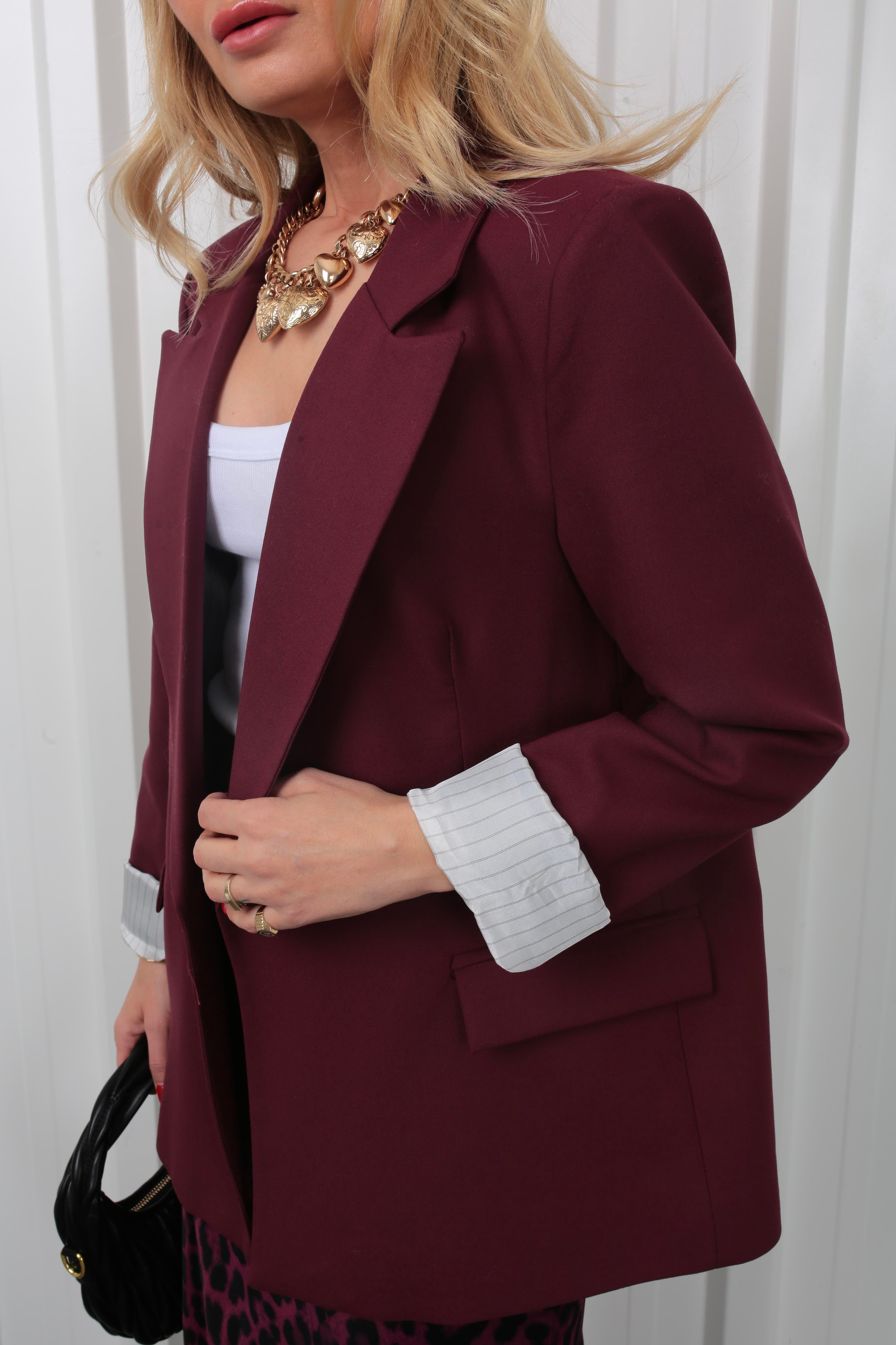 Çizgili Astarlı Kapak Cepli Blazer Bordo Ceket CEKET