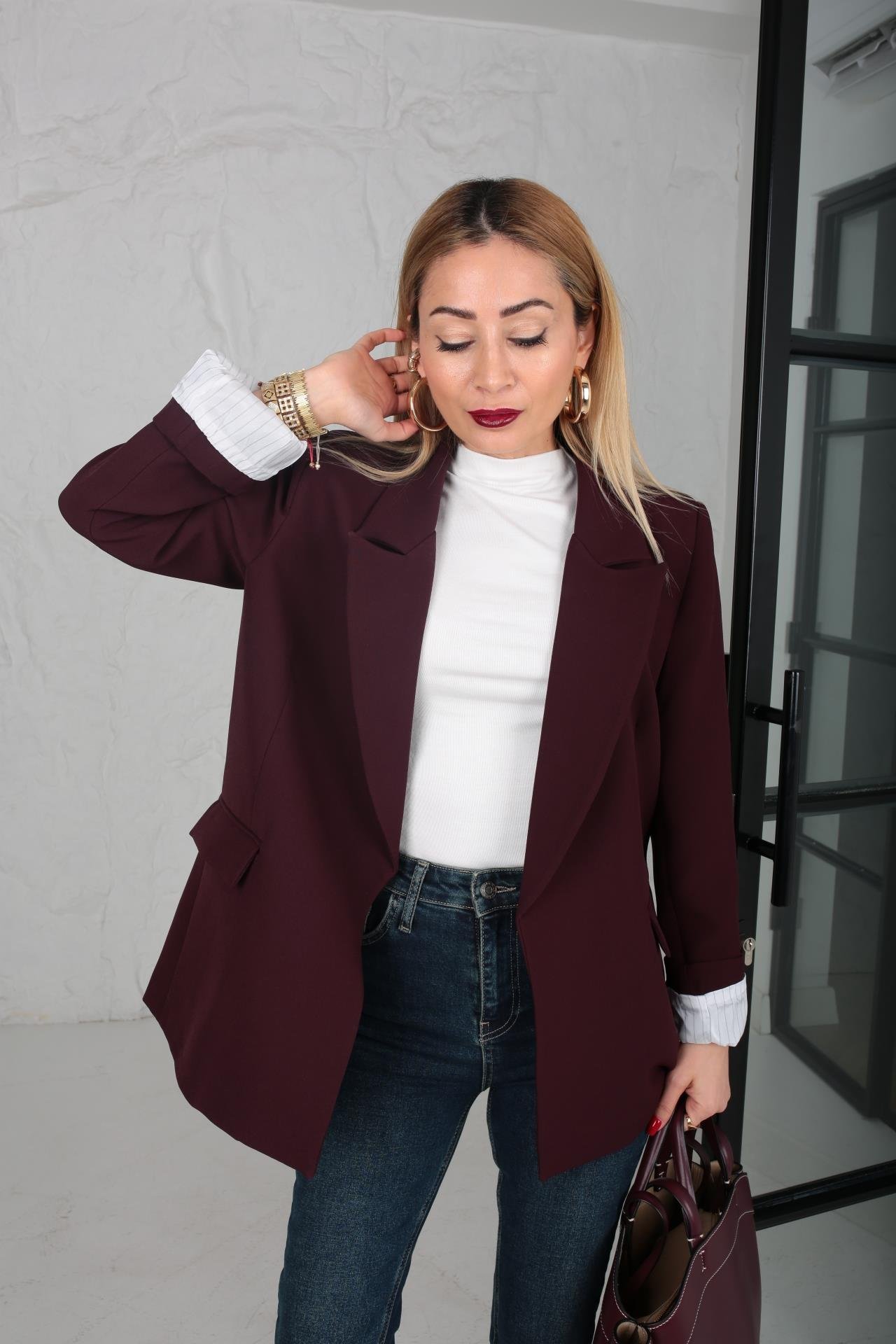 Çizgili Astarlı Kapak Cepli Blazer Bordo Ceket CEKET