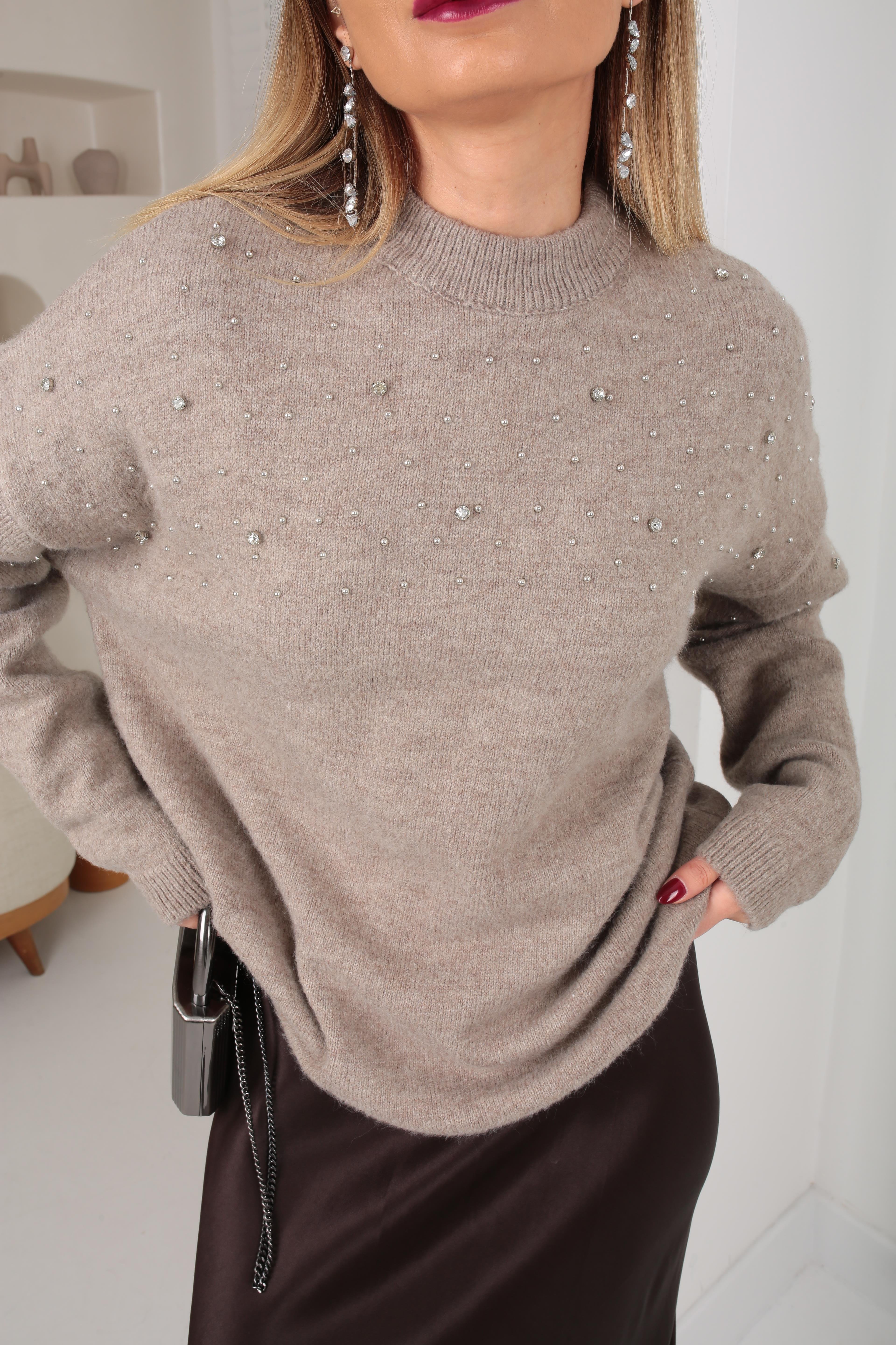 Dağınık Taş İşli Vizon Kazak TRİKO VE KAZAK