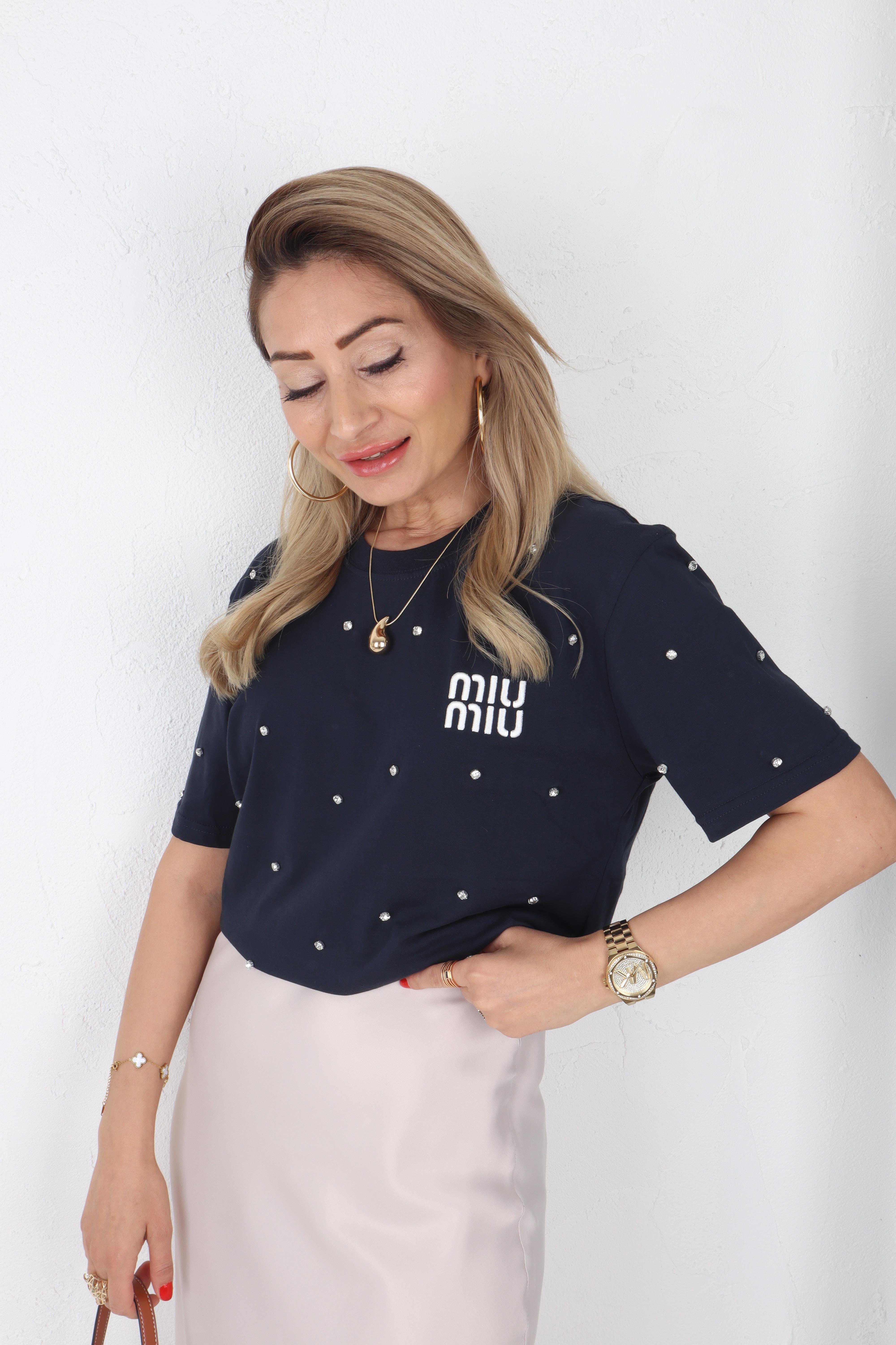 Dağınık Taşlı Nakışlı Lacivert Tshirt T-SHİRT