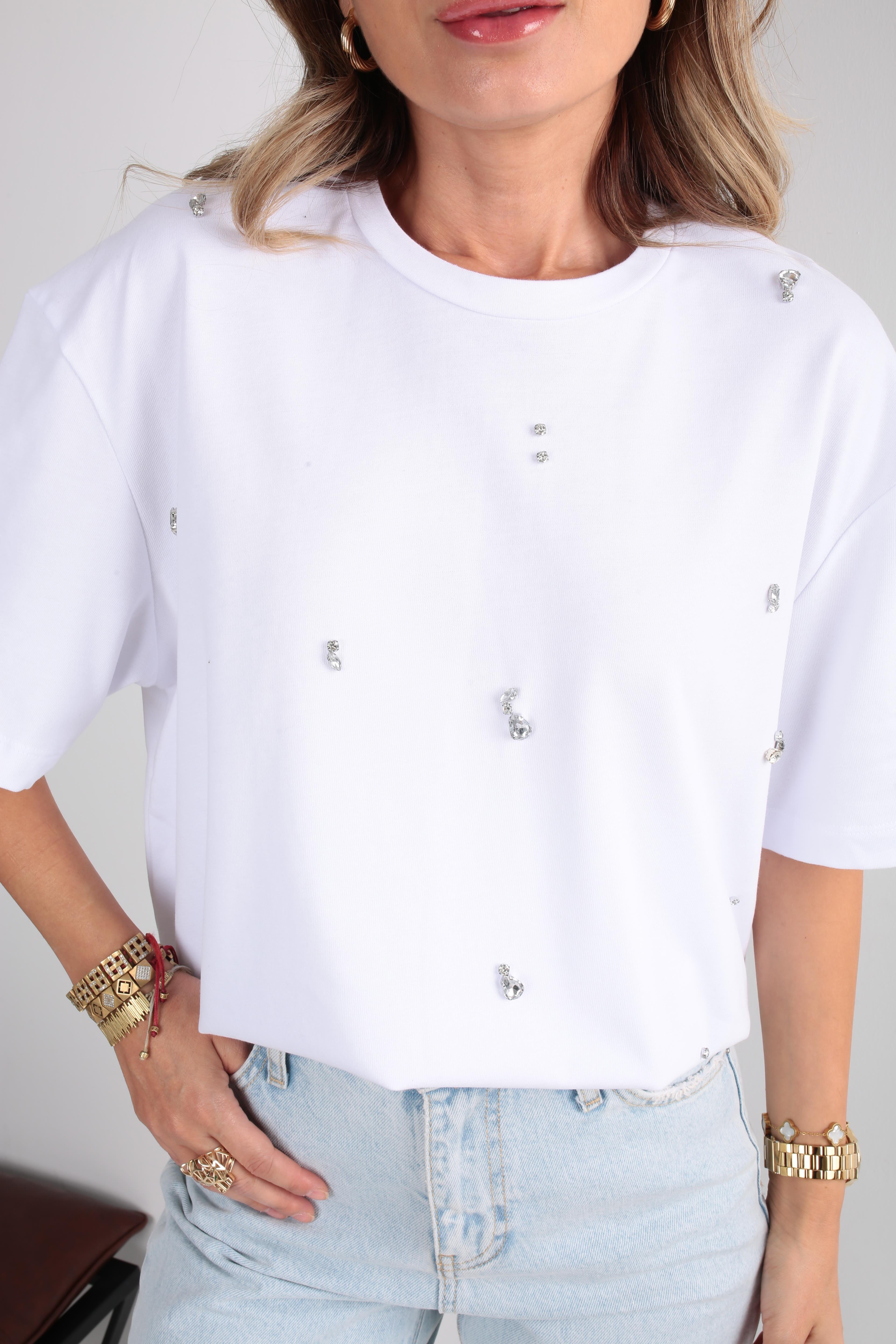 Damla Taş İşli Beyaz Basic Tshirt T-SHİRT