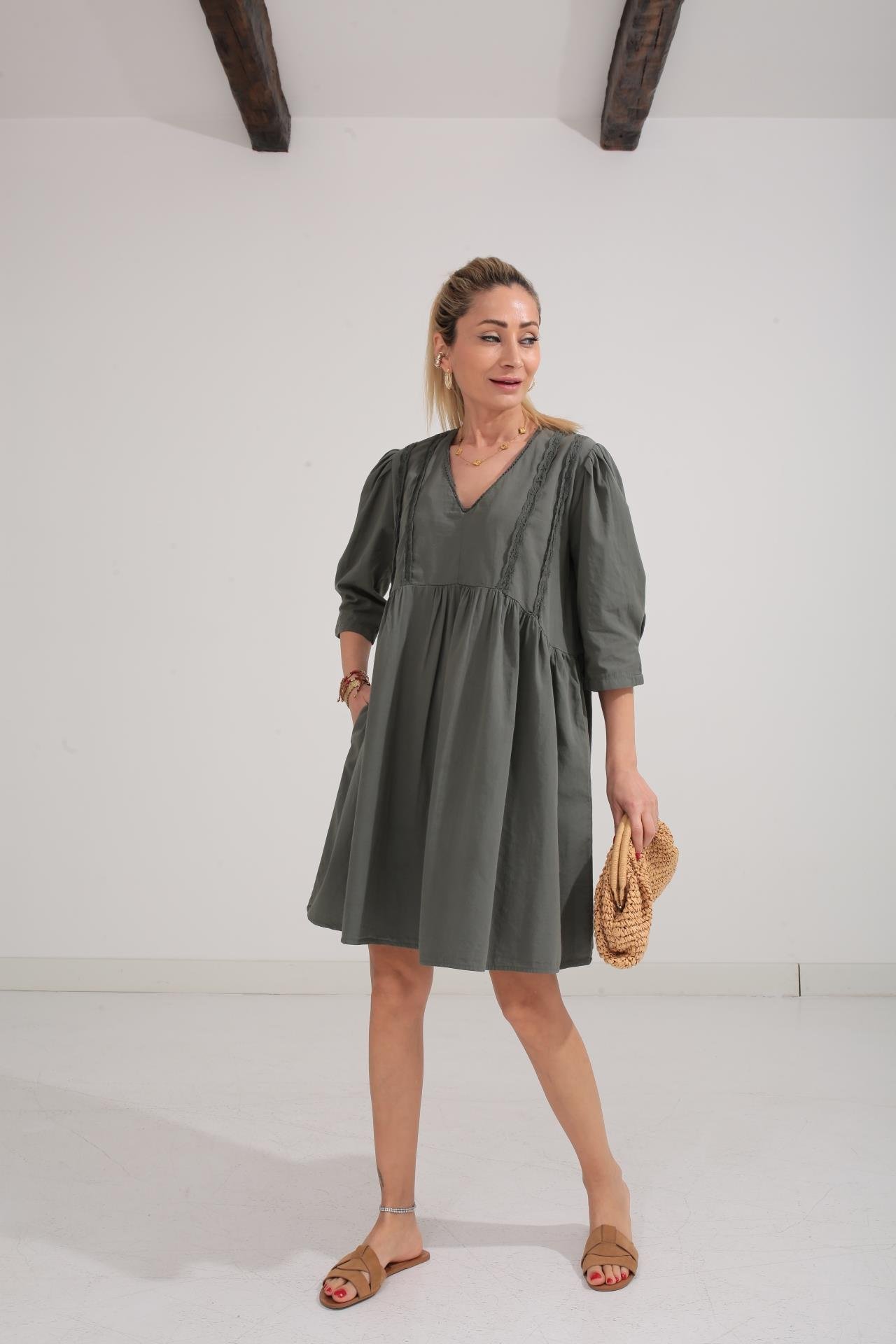 Dantel Detay V Yaka Haki Katlı Elbise ELBİSE | NO33