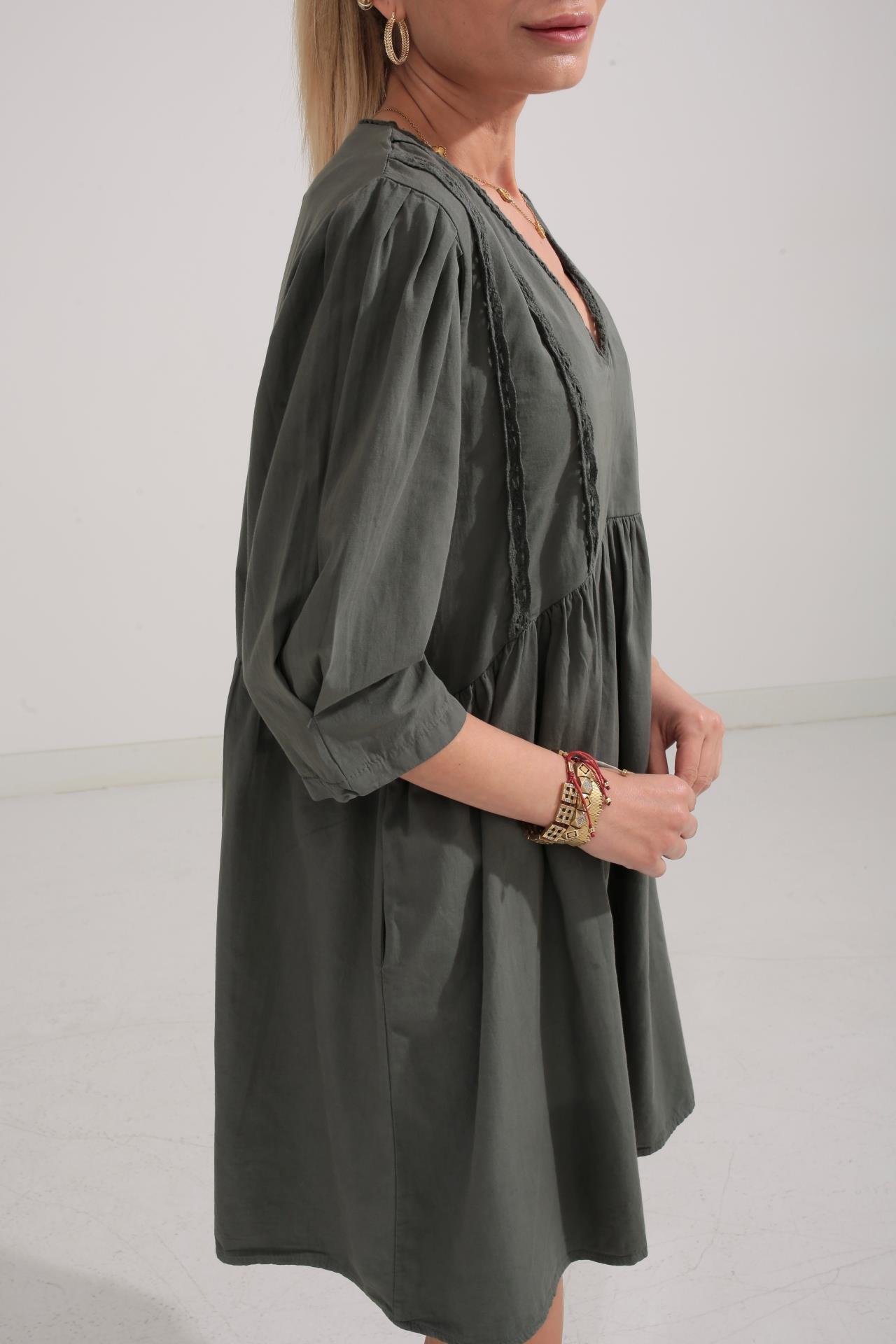 Dantel Detay V Yaka Haki Katlı Elbise ELBİSE | NO33