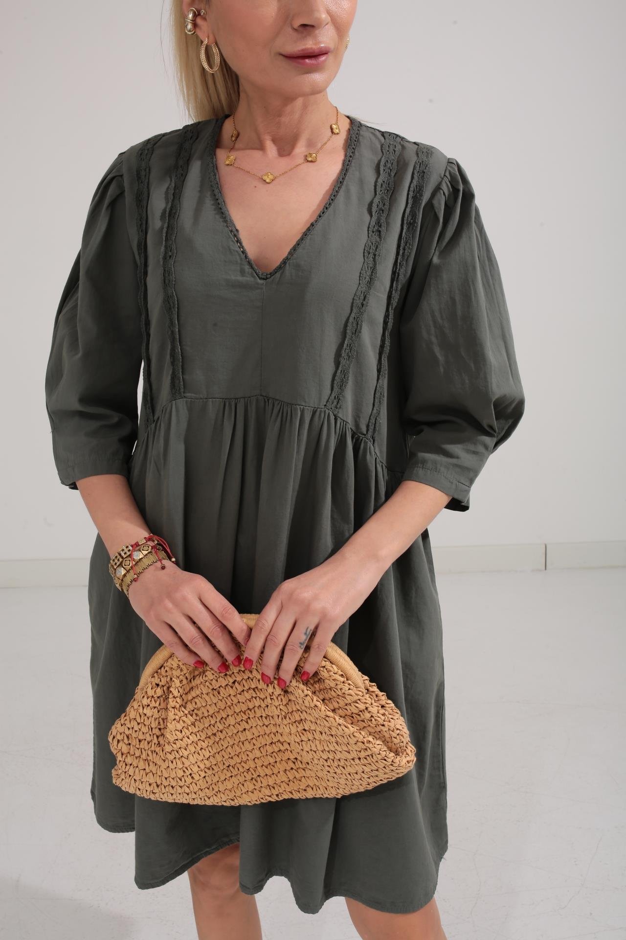 Dantel Detay V Yaka Haki Katlı Elbise ELBİSE | NO33