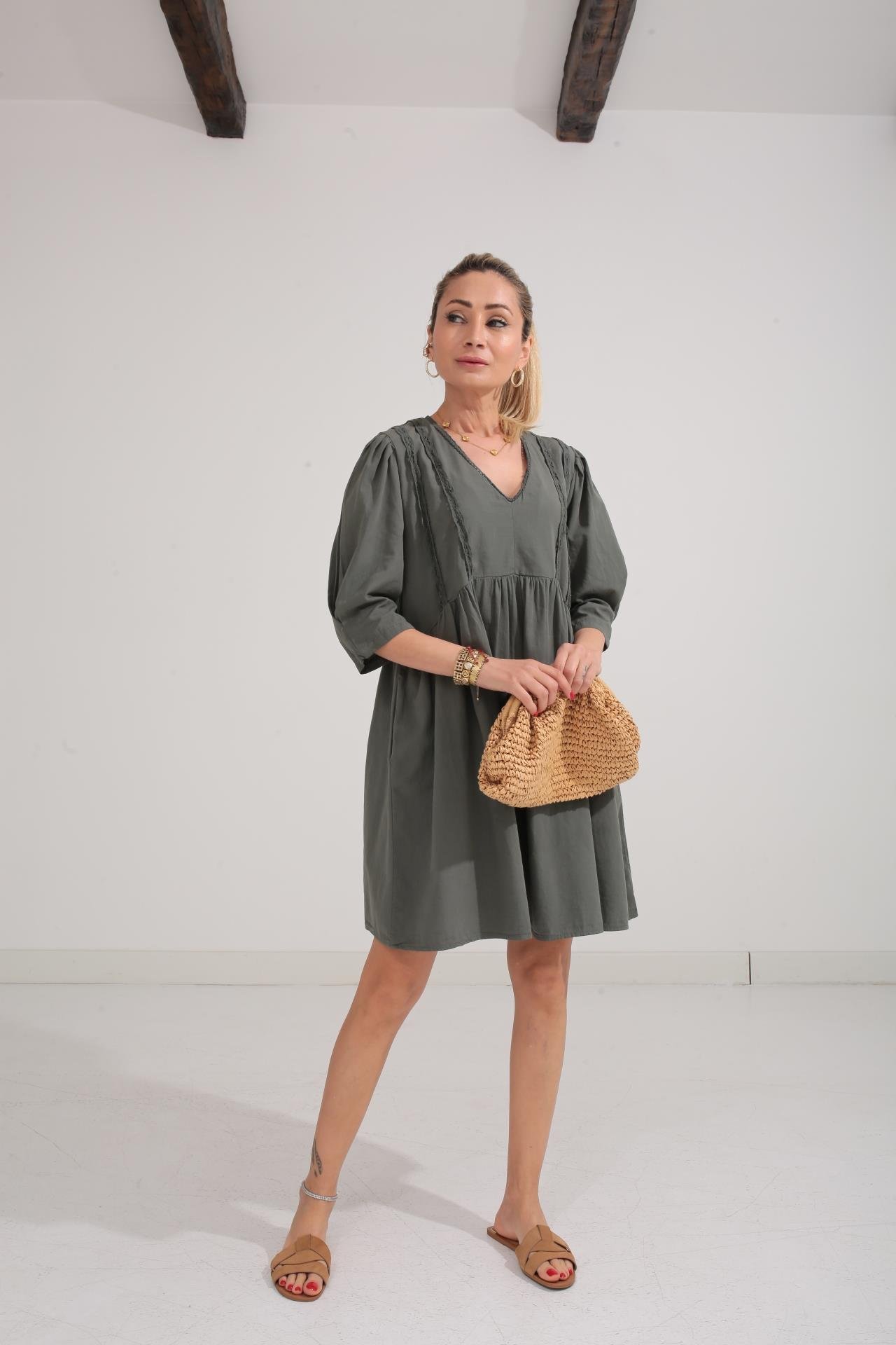 Dantel Detay V Yaka Haki Katlı Elbise ELBİSE | NO33