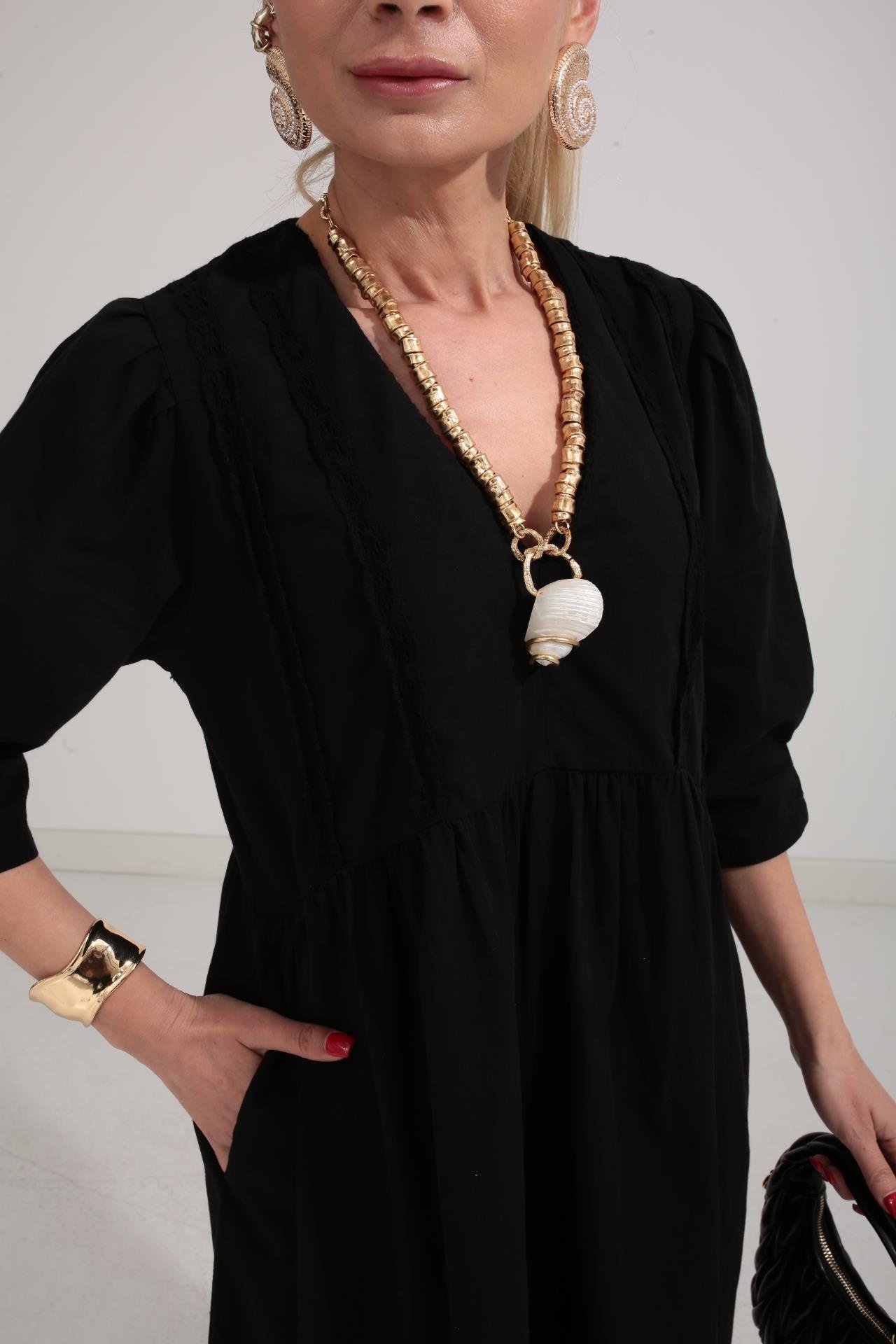 Dantel Detay V Yaka Siyah Katlı Elbise ELBİSE | NO33