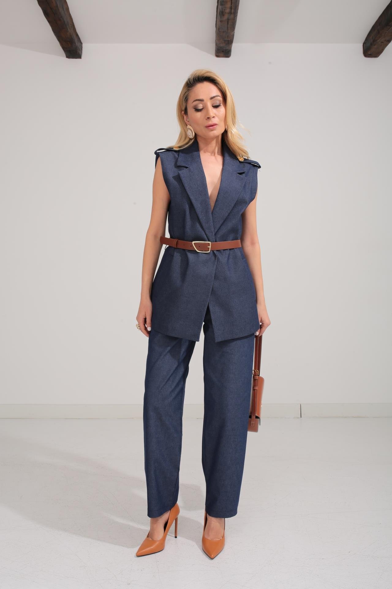 Deri Kemerli Gold Detay Gabardin Yelekli Takım TAKIM | NO33