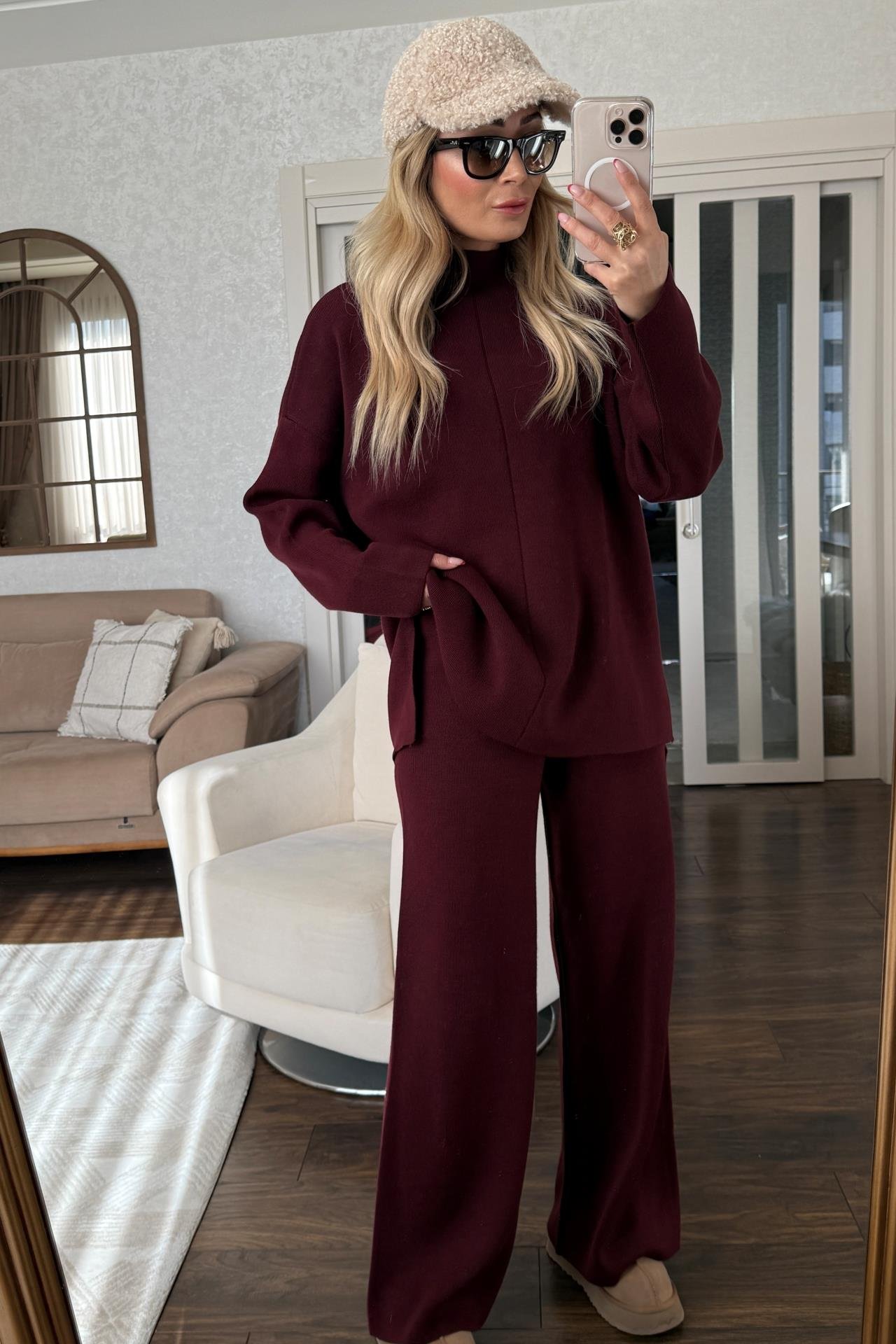 Dik Yaka Bordo Pantolonlu Triko Takım TAKIM