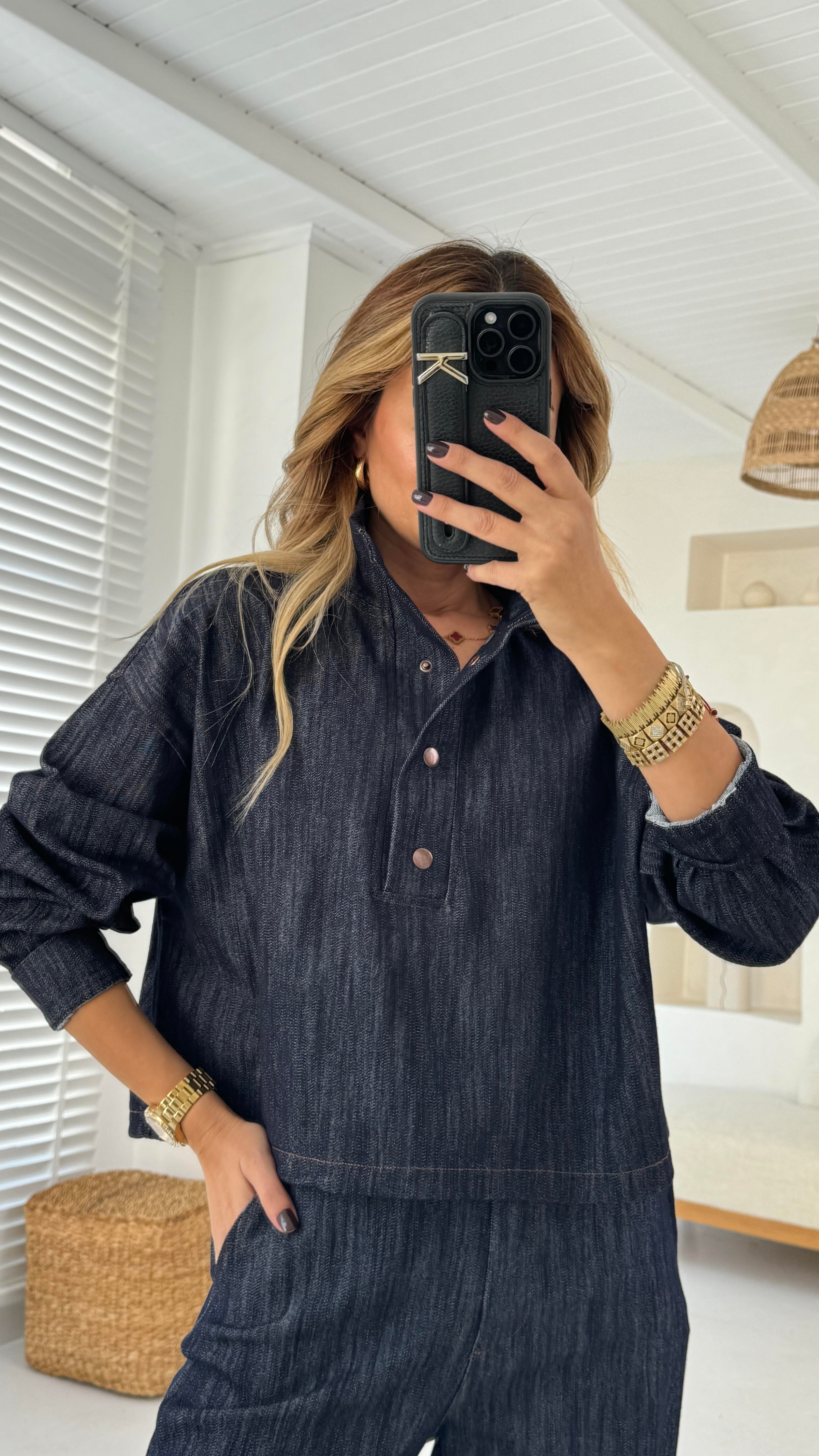 Dik Yaka Çıtçıtlı Oversize Denim Sweatshirt SWEATSHİRT