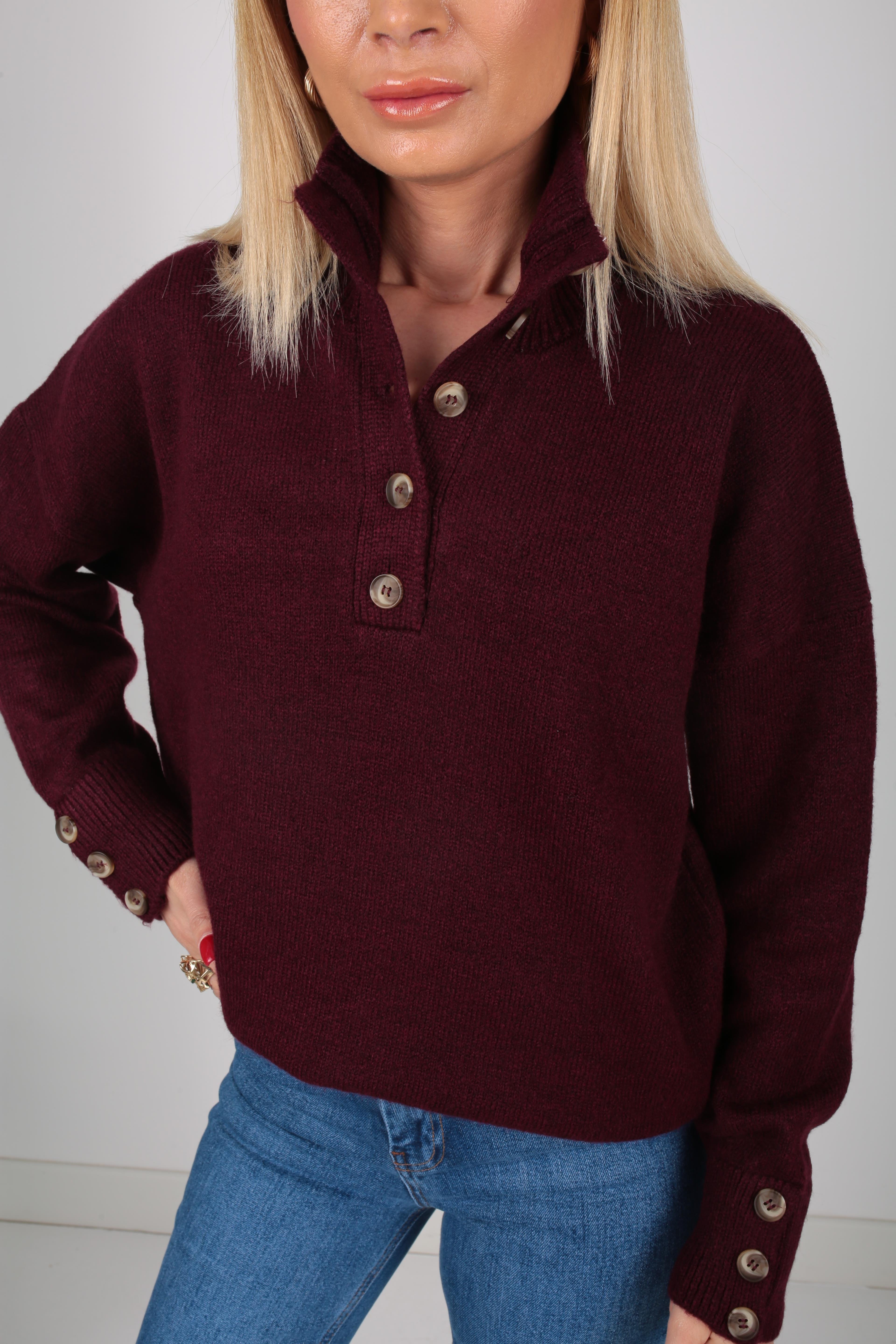 Dik Yaka Düğme Detay Bordo Kazak TRİKO VE KAZAK