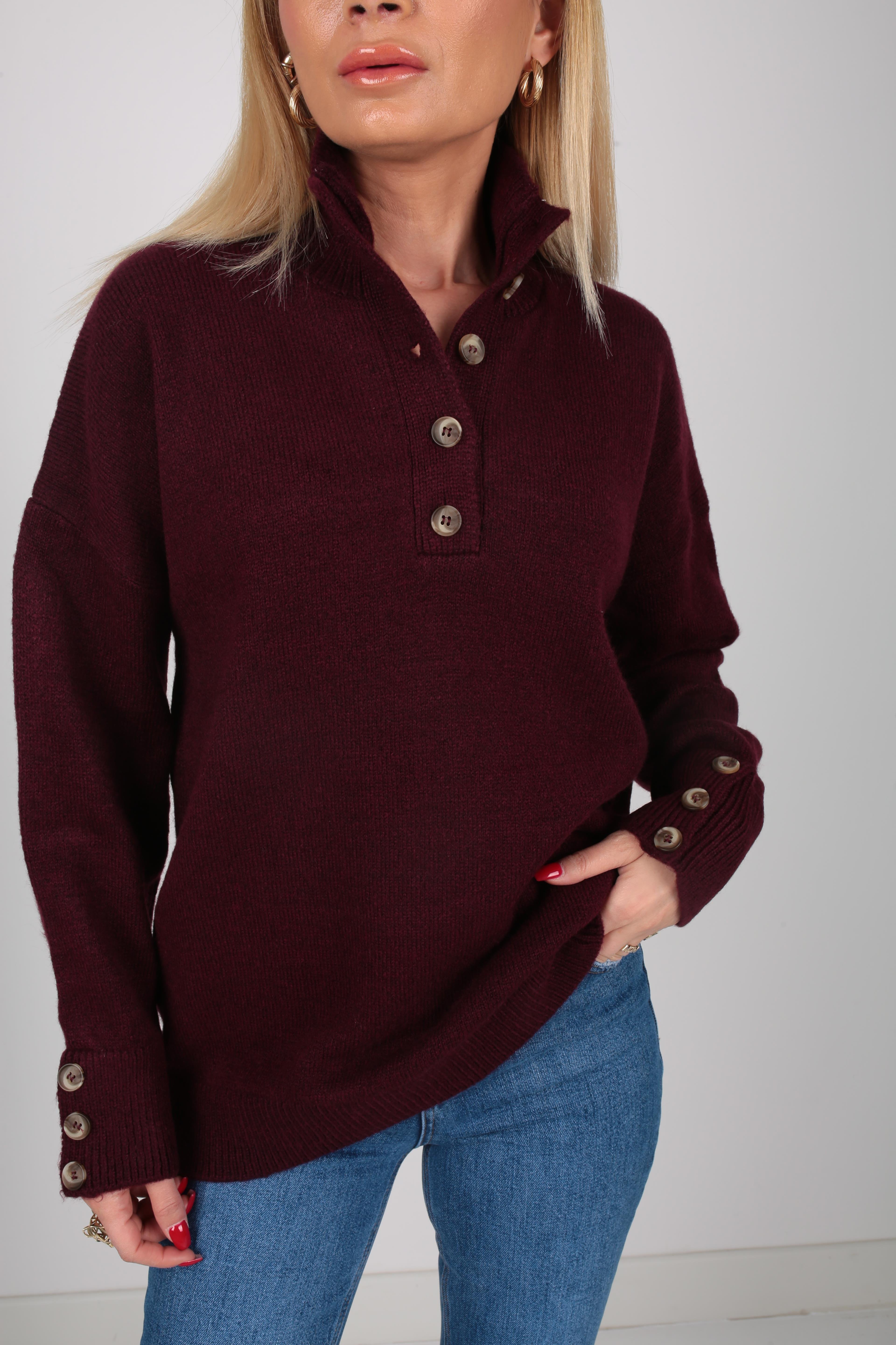 Dik Yaka Düğme Detay Bordo Kazak TRİKO VE KAZAK