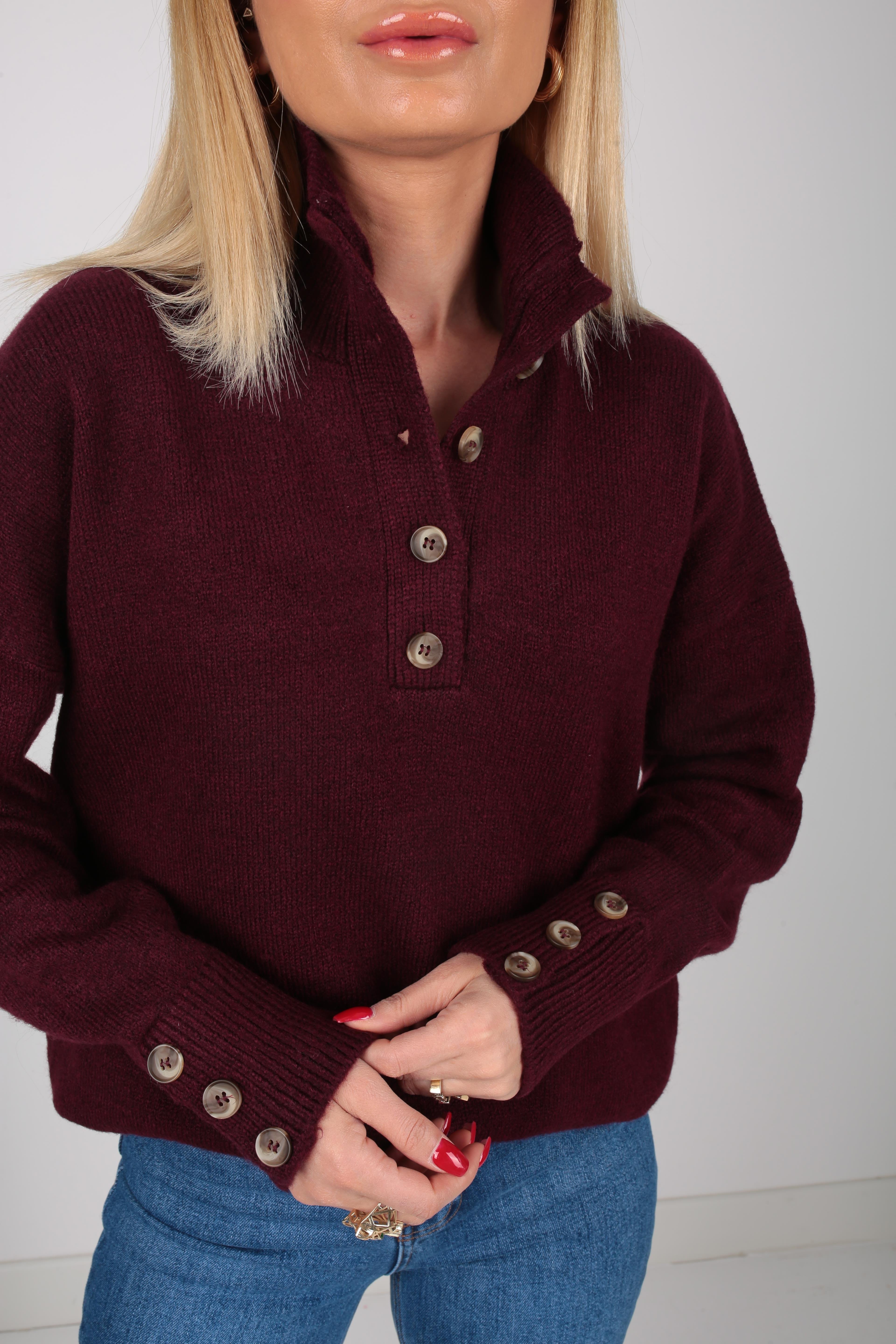 Dik Yaka Düğme Detay Bordo Kazak TRİKO VE KAZAK