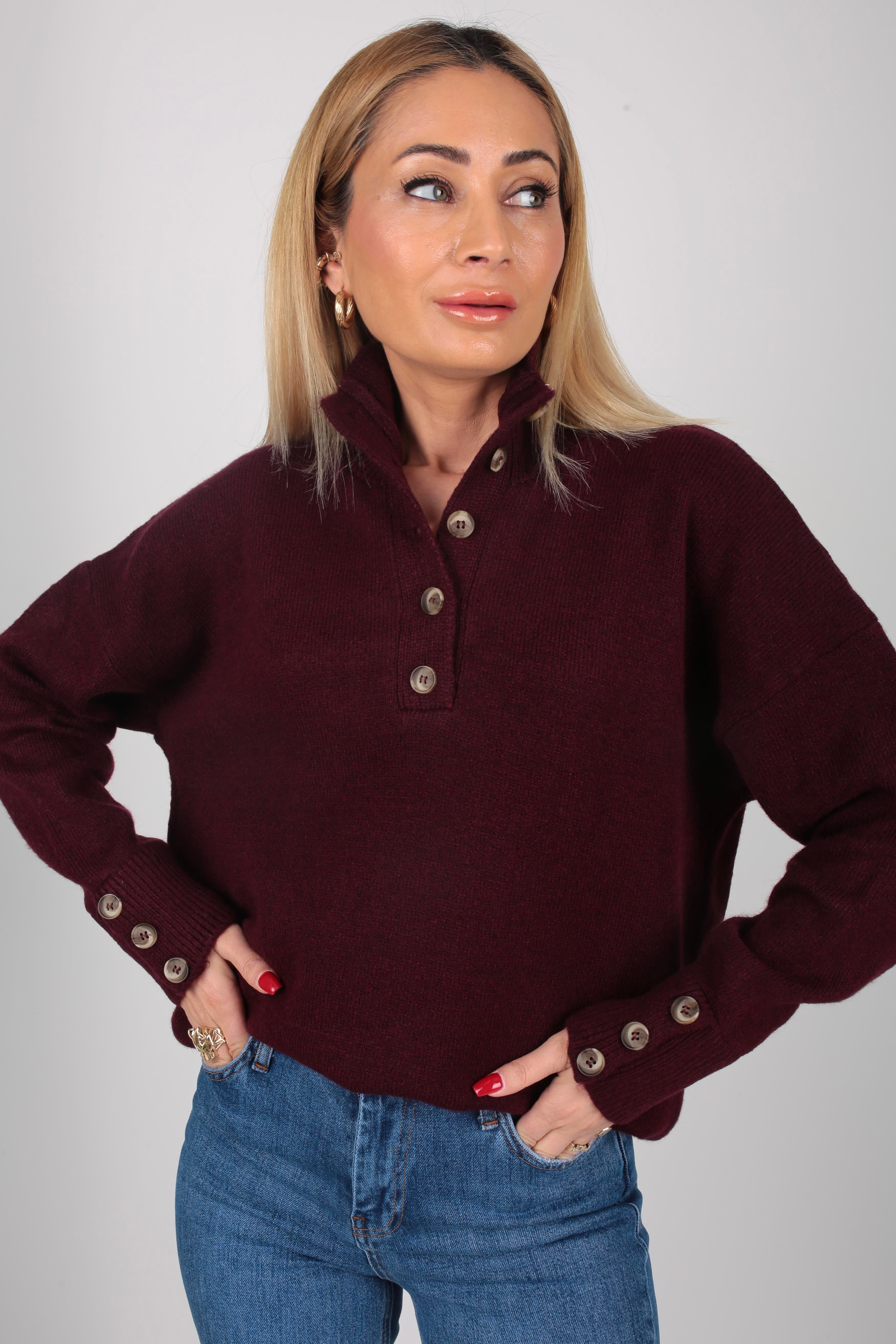 Dik Yaka Düğme Detay Bordo Kazak TRİKO VE KAZAK