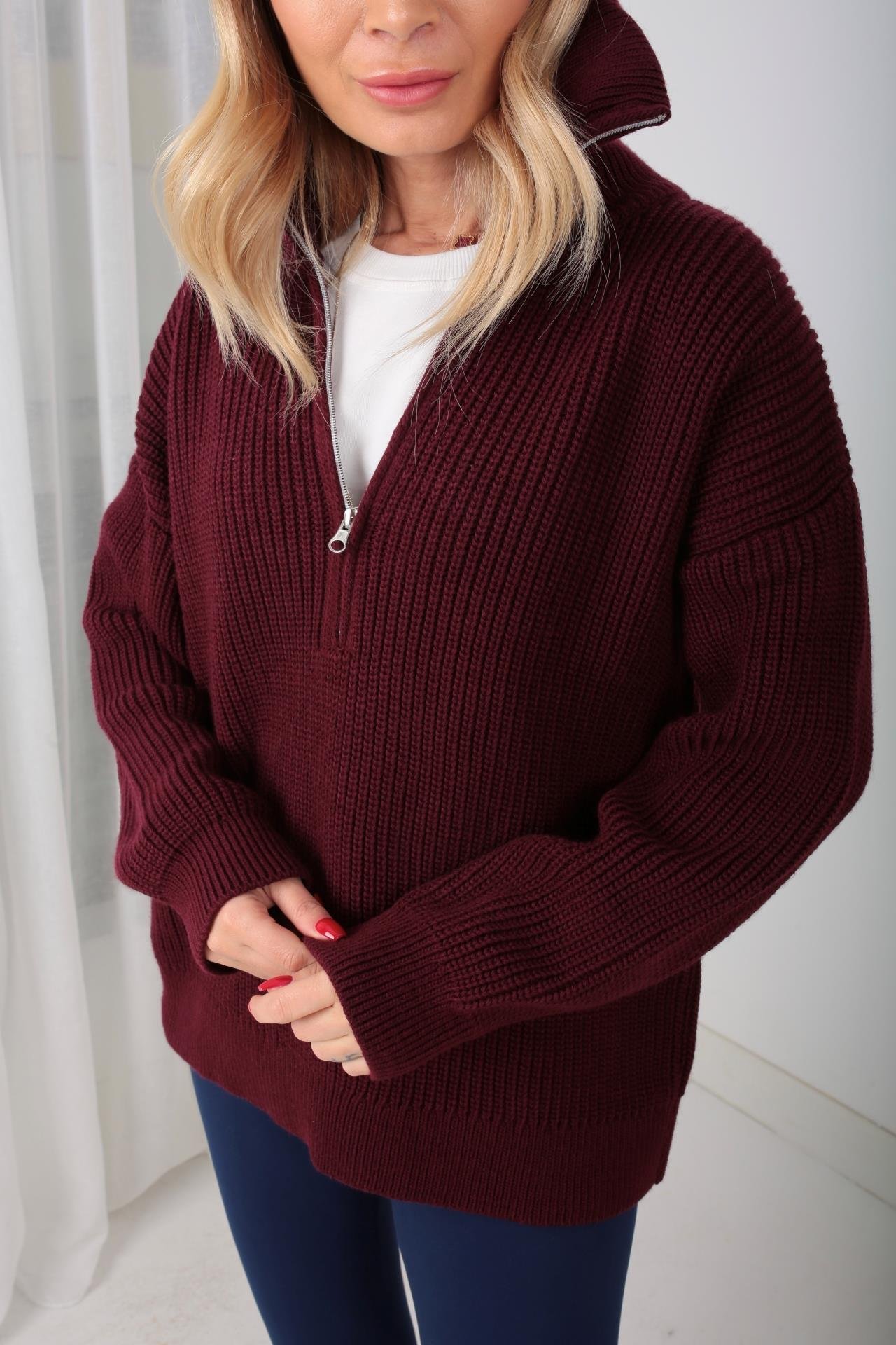 Dik Yaka Fermuarlı Bordo Basic Kazak TRİKO VE KAZAK