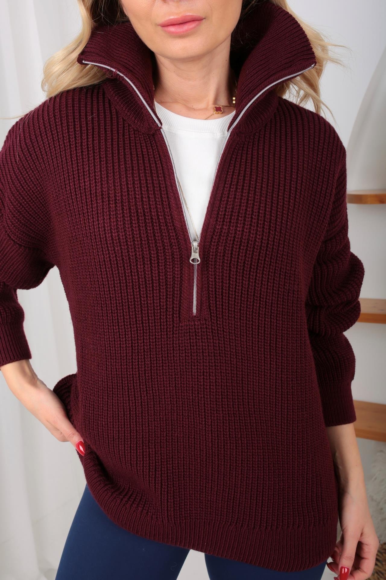 Dik Yaka Fermuarlı Bordo Basic Kazak TRİKO VE KAZAK