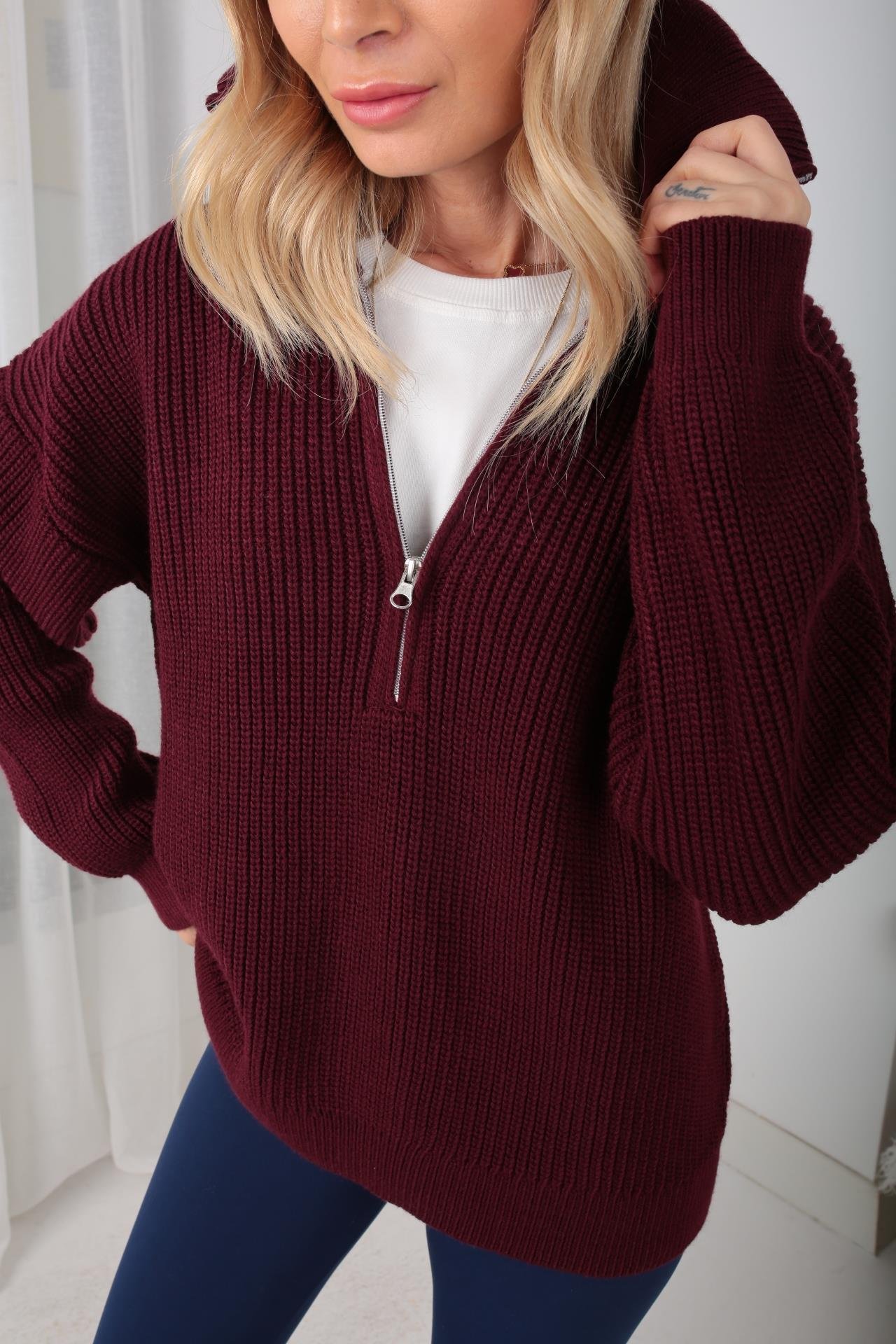 Dik Yaka Fermuarlı Bordo Basic Kazak TRİKO VE KAZAK