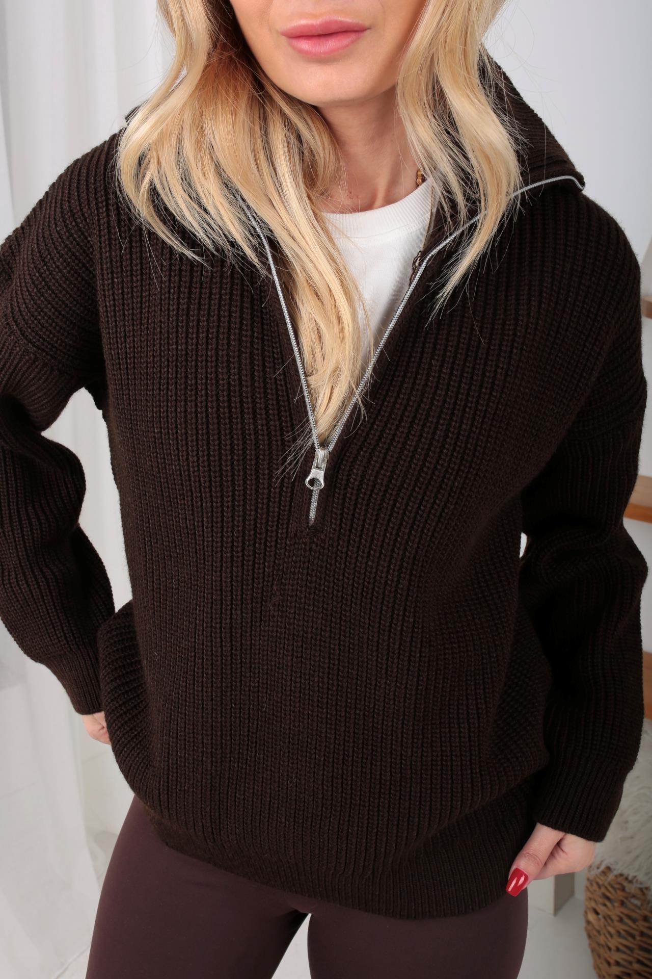 Dik Yaka Fermuarlı Kahve Basic Kazak TRİKO VE KAZAK