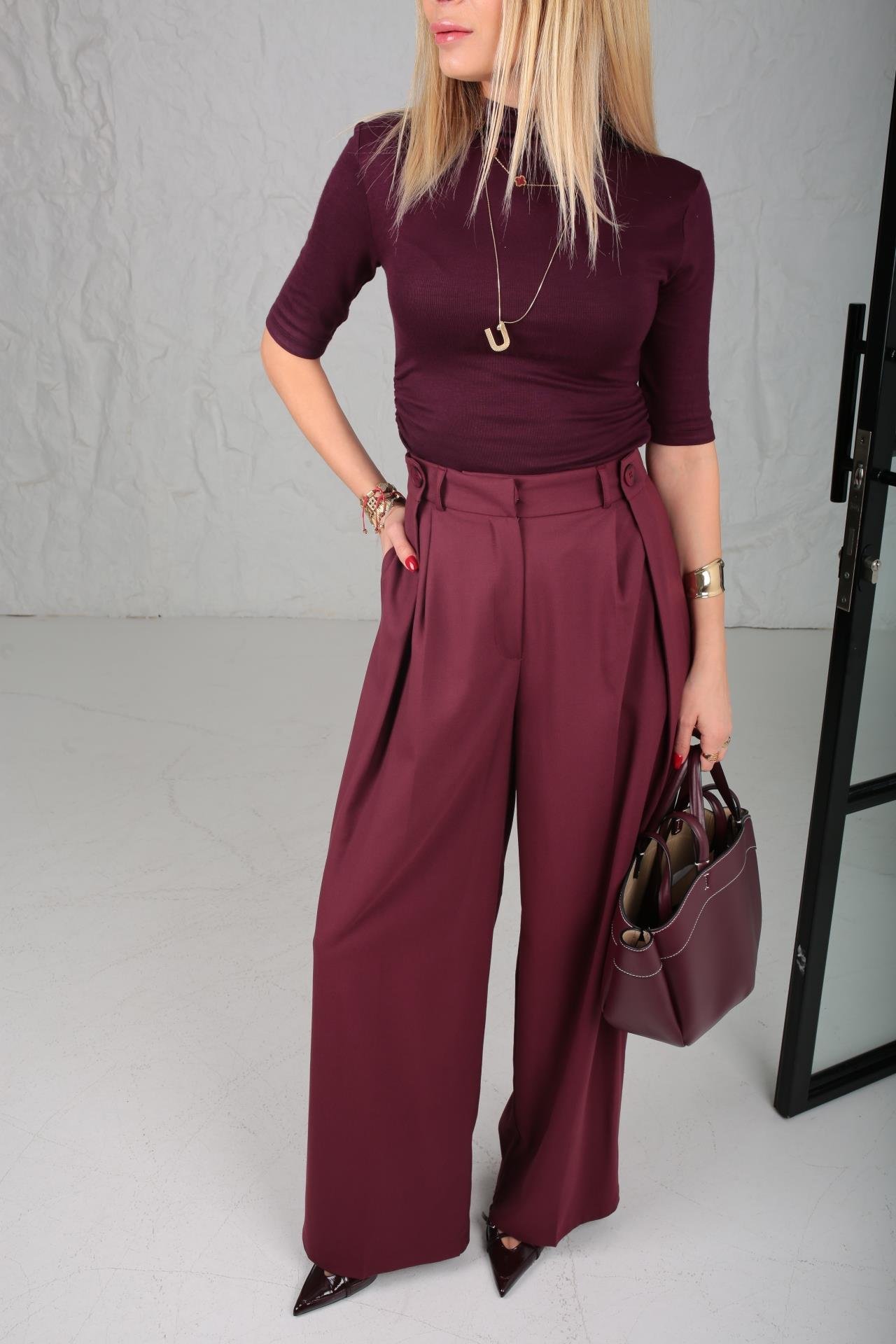 Dik Yaka Yanı Büzgülü Mürdüm Bluz BLUZ