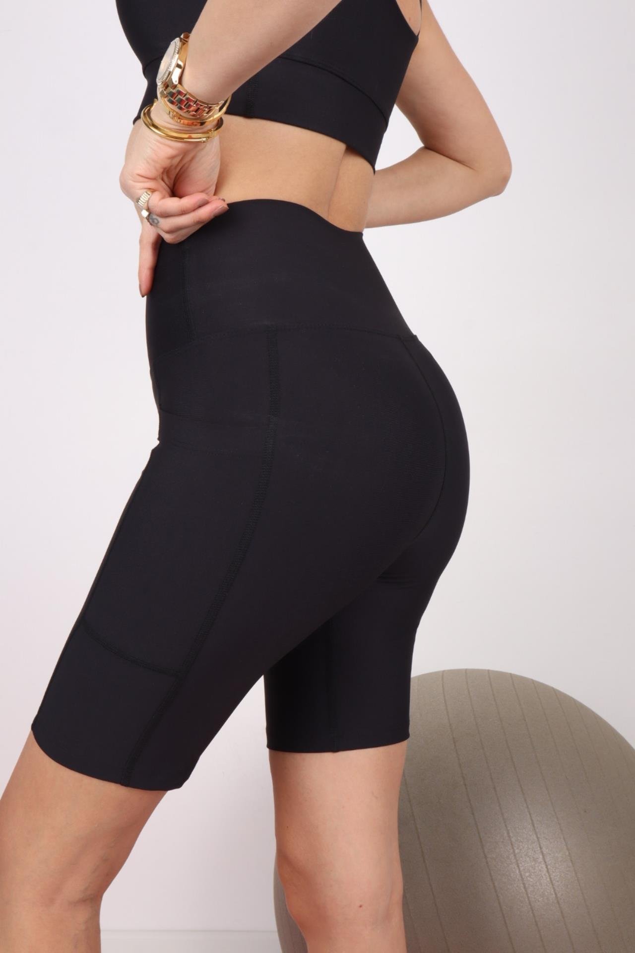 Diz Üstü Siyah Biker Spor Tayt TAYT