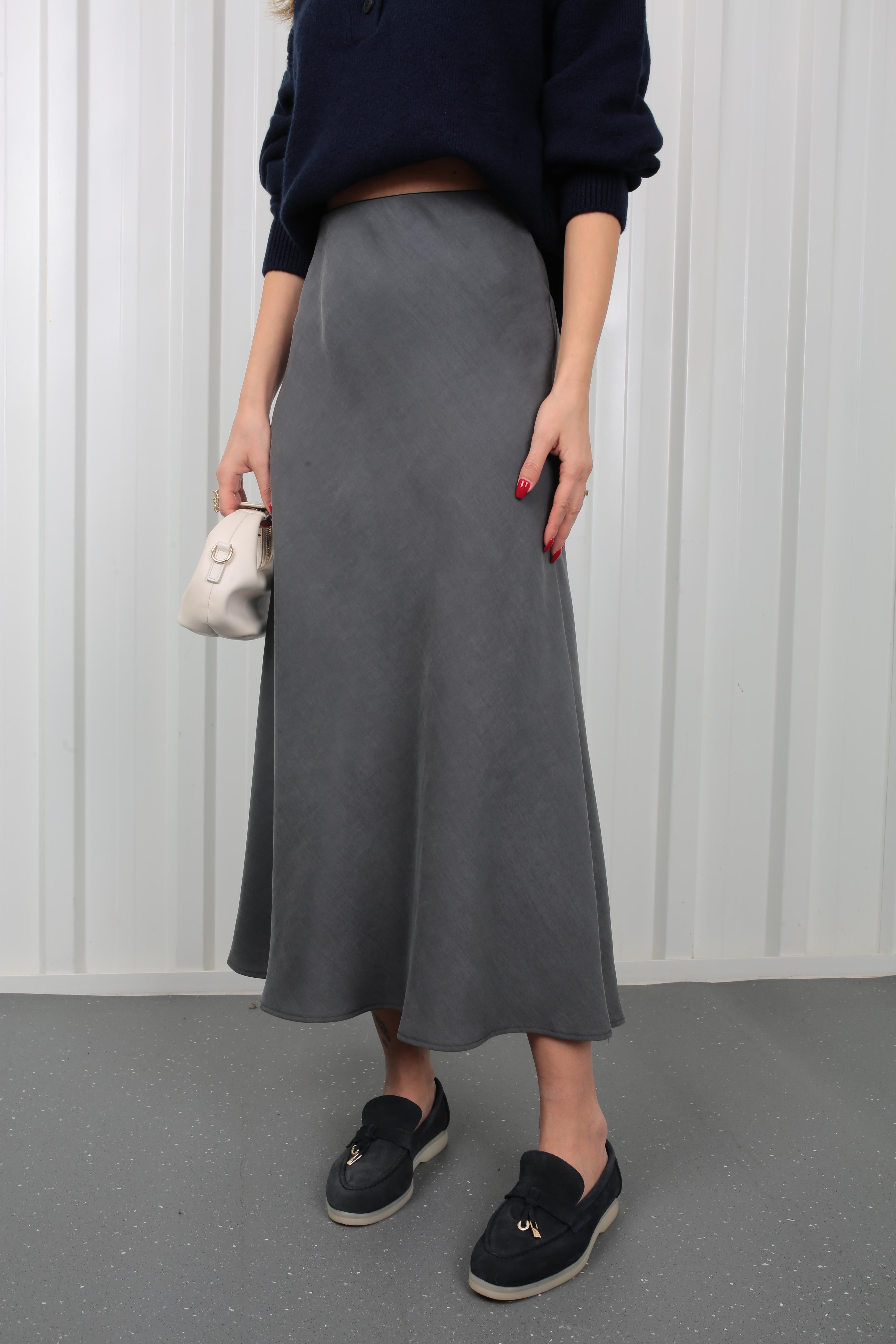 Dokuma Kumaş Verev Kesim Gri Etek ETEK