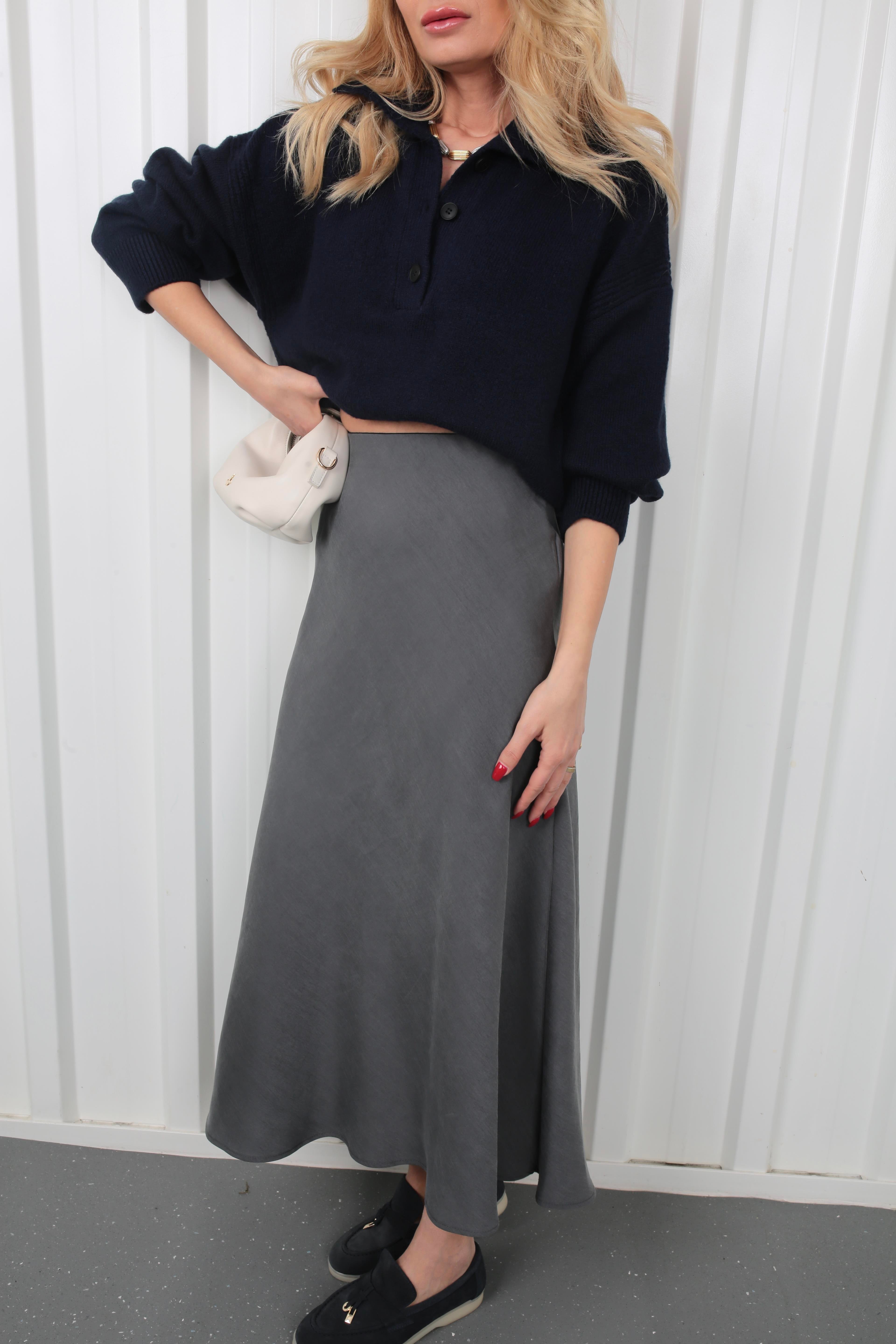 Dokuma Kumaş Verev Kesim Gri Etek ETEK