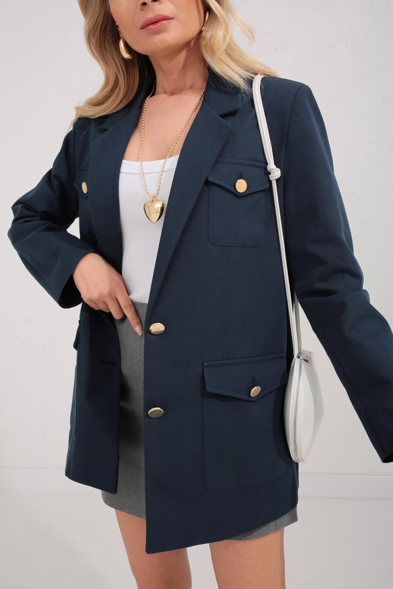Dört Cepli Gold Düğme Detay Lacivert Ceket CEKET